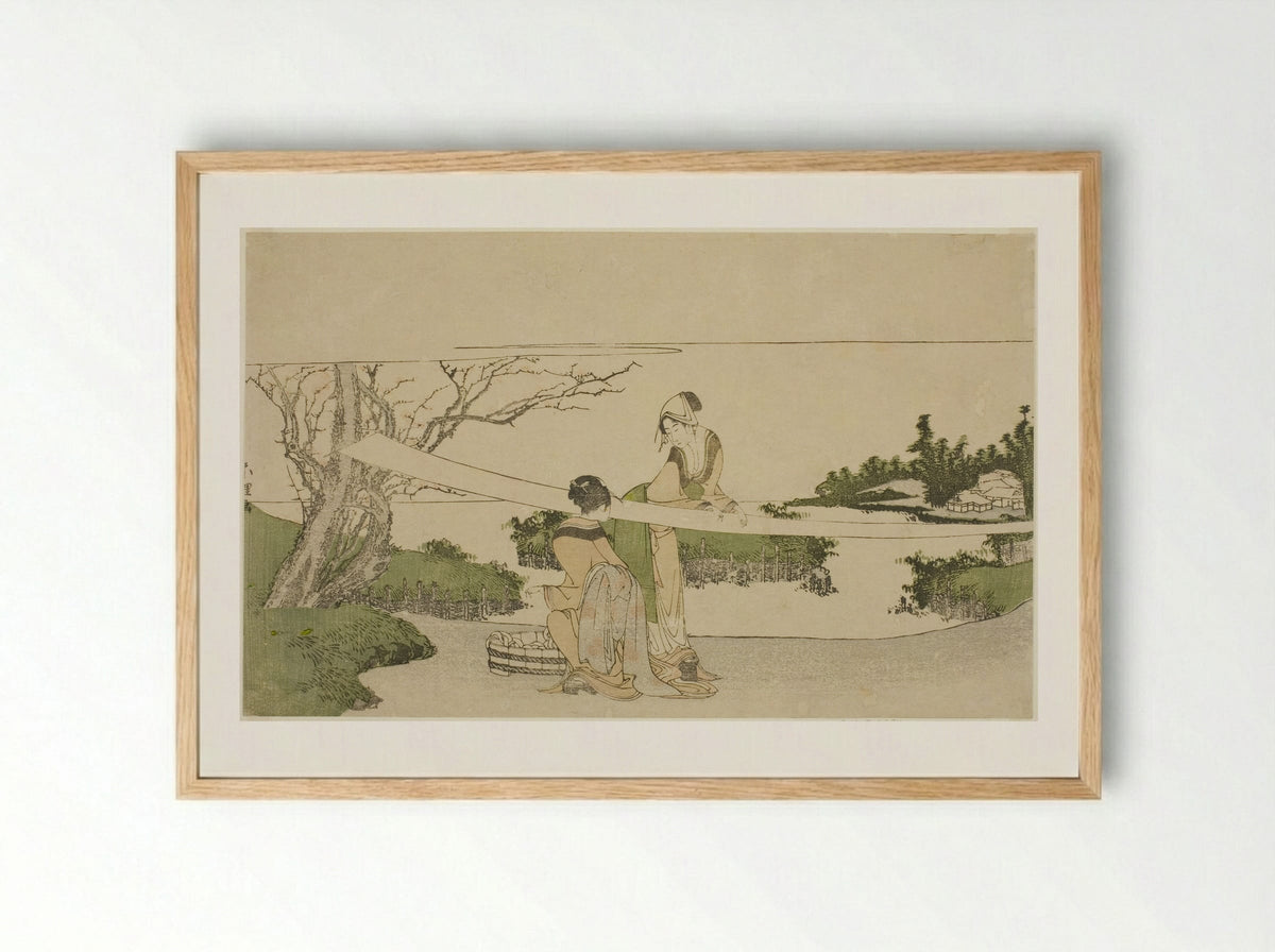 Two women stretching cloth - Katsushika Hokusai - Framed Print Wood