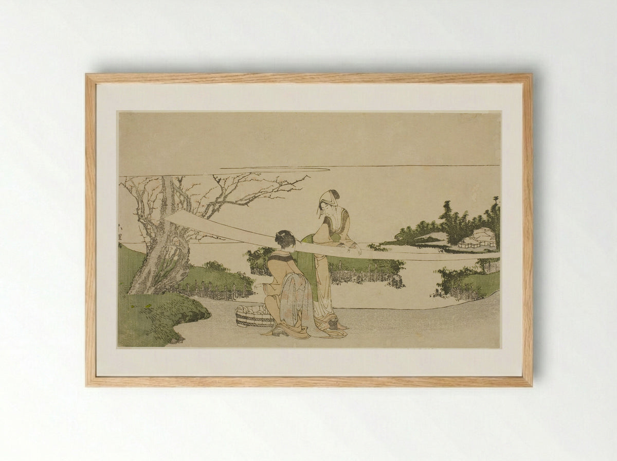 Two women stretching cloth - Katsushika Hokusai - Framed Print Wood