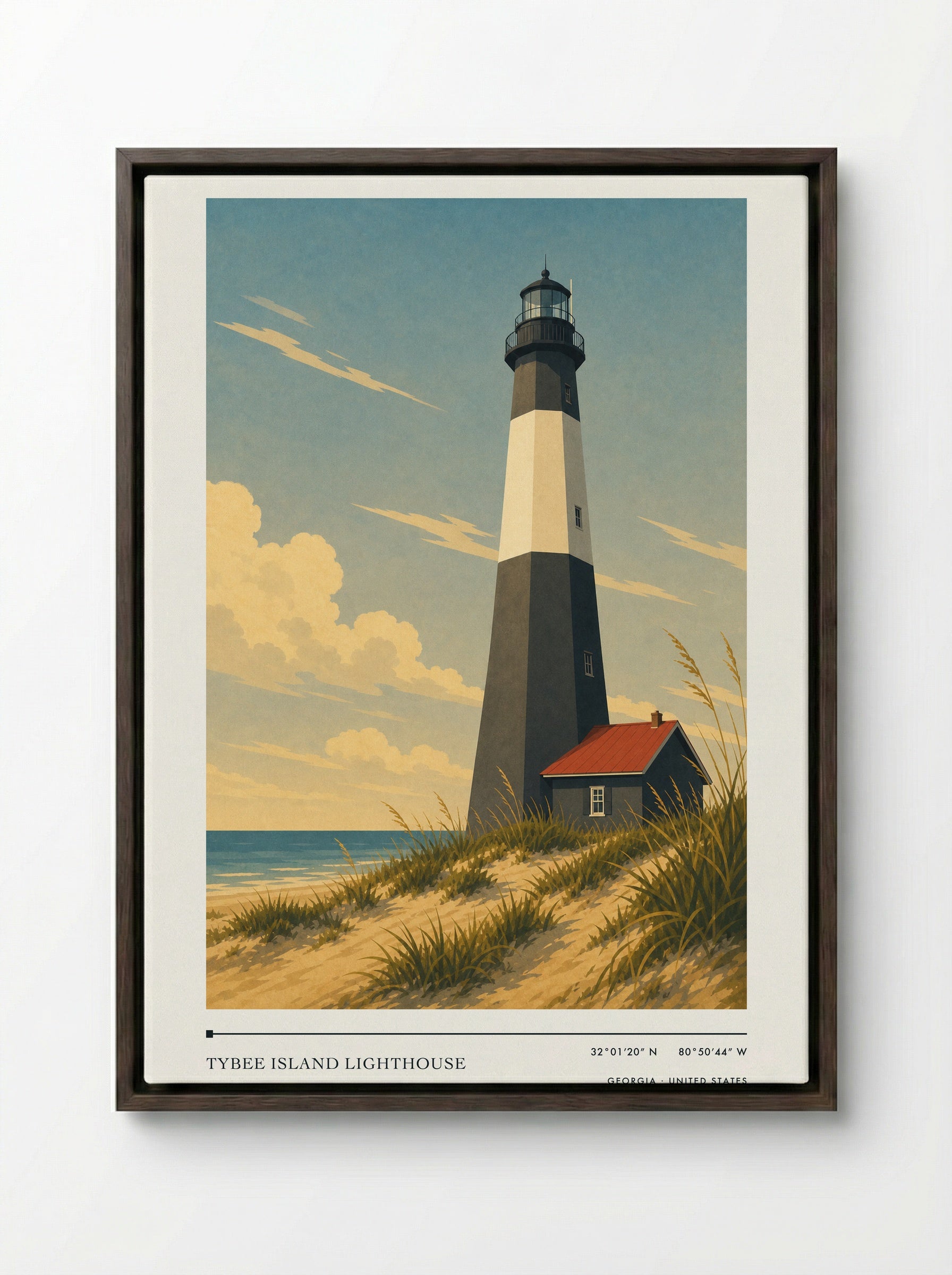 Tybee Island Lighthouse Georgia United States Travel Poster - Framed Canvas Dark Wood