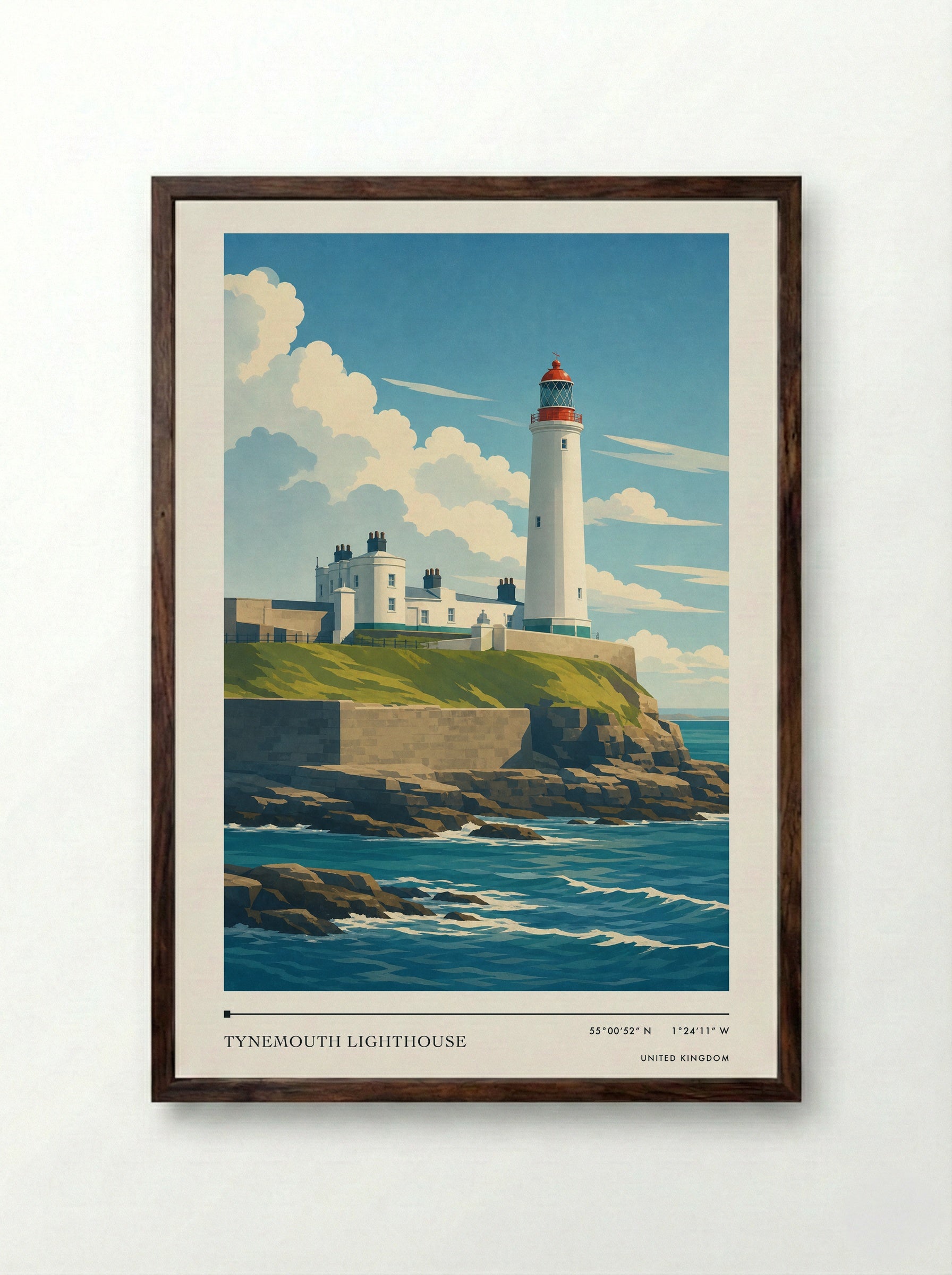 Tynemouth lighthouse United Kingdom Travel Poster - Framed Print Dark Wood
