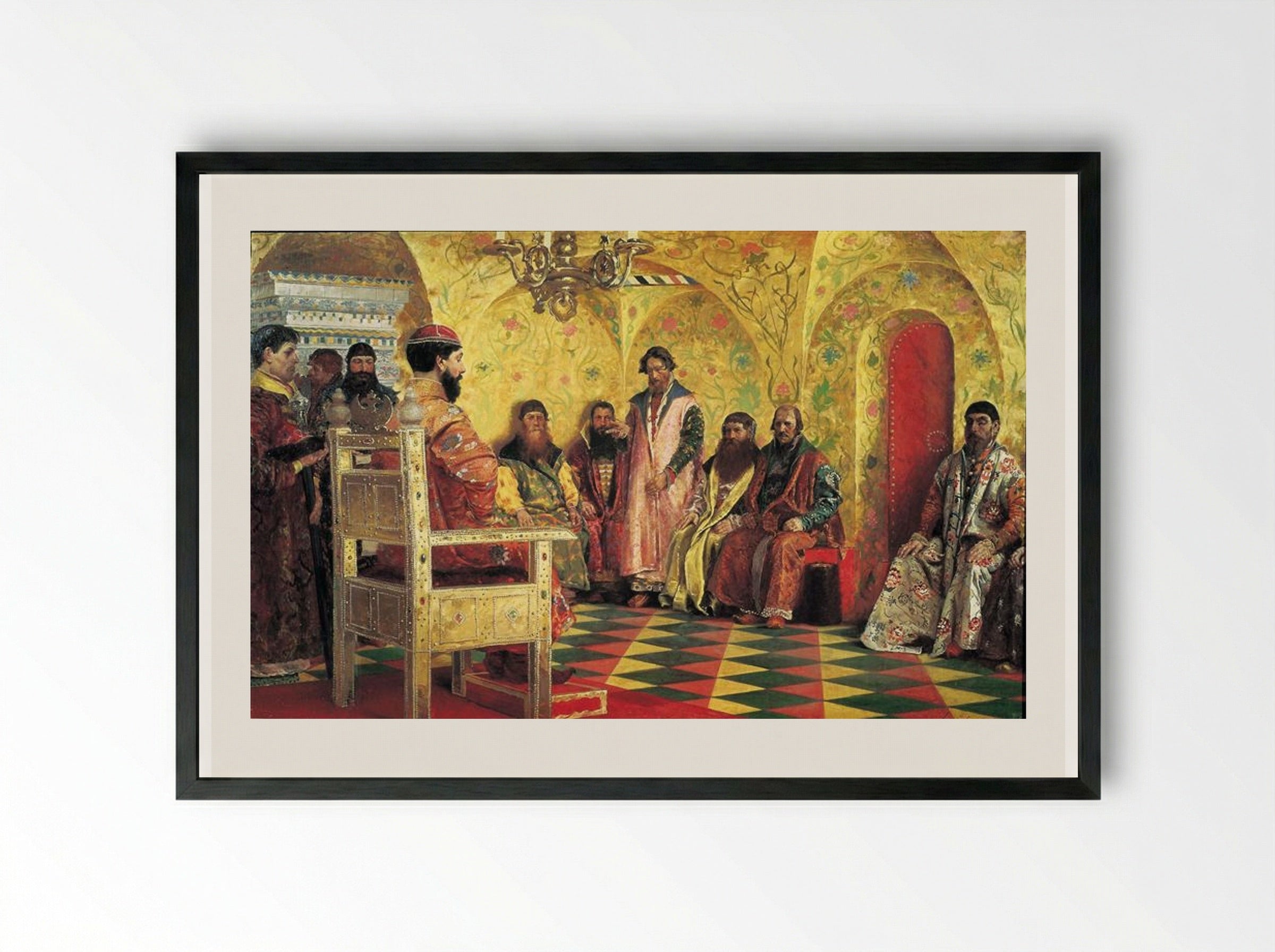 Tzar Mikhail Fedorovich Holding Council with the Boyars in His Royal Chamber - Andrei Ryabushkin - Framed Print Black