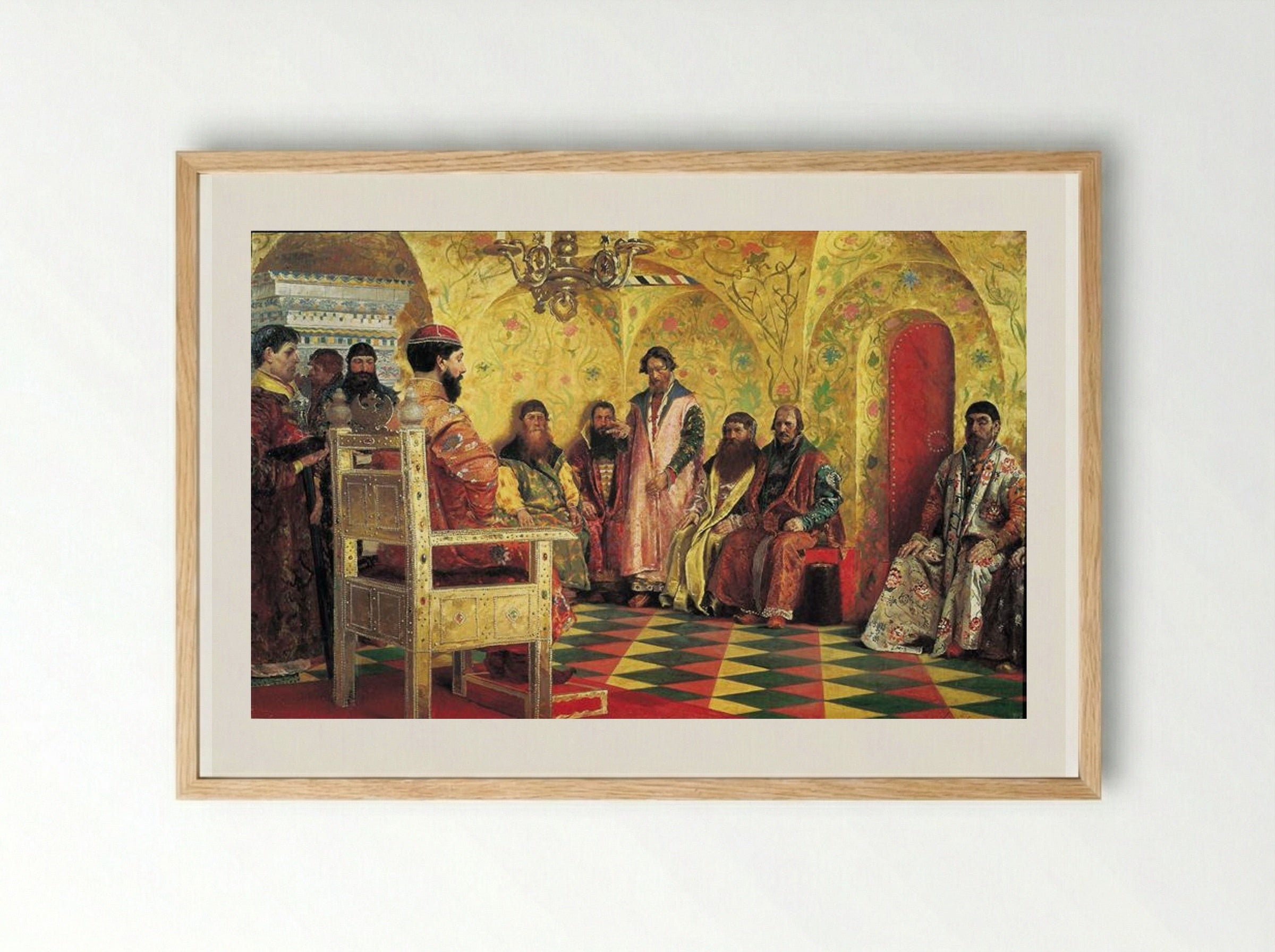 Tzar Mikhail Fedorovich Holding Council with the Boyars in His Royal Chamber - Andrei Ryabushkin - Framed Print Wood