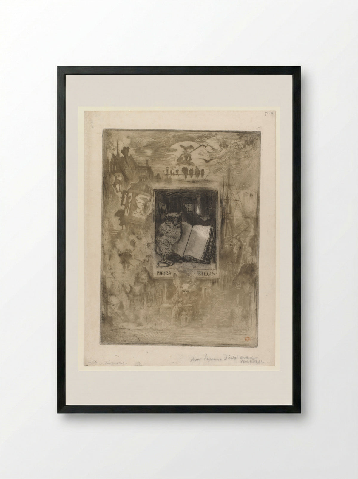 Uil bij een opengeslagen boek, omringd door illustraties in de marge - Félix Hilaire Buhot - Framed Print Black