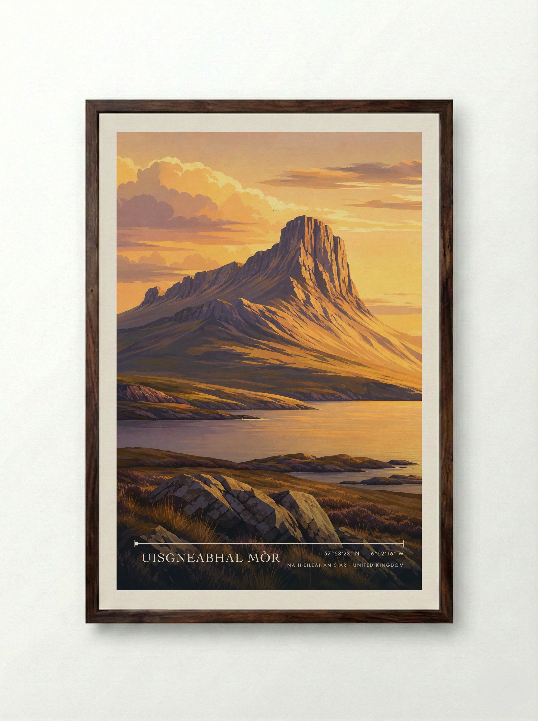 Uisgneabhal Mòr Na h-Eileanan Siar United Kingdom Travel Poster - Framed Print Dark Wood