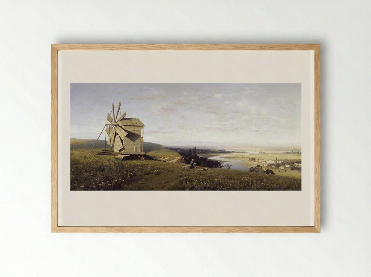 Ukrainian Steppe with Windmill - Volodymyr Orlovsky - Framed Print Wood