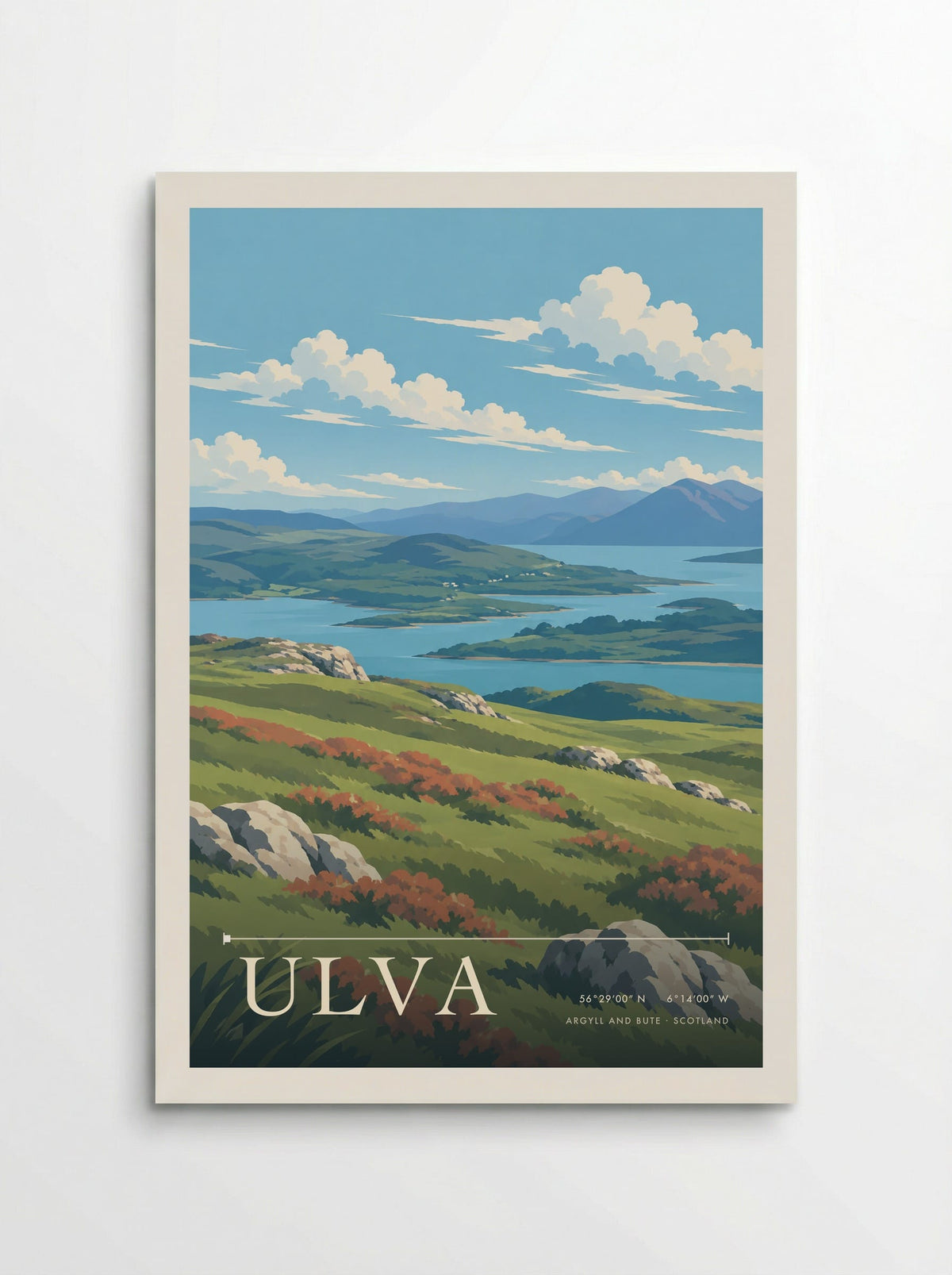 Ulva, Argyll and Bute travel poster: blue island channels, pale rock outcrops, green slopes and distant mountains in clear coastal light