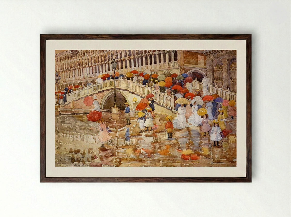 Umbrellas in the Rain - Maurice Prendergast - Framed Print Dark Wood