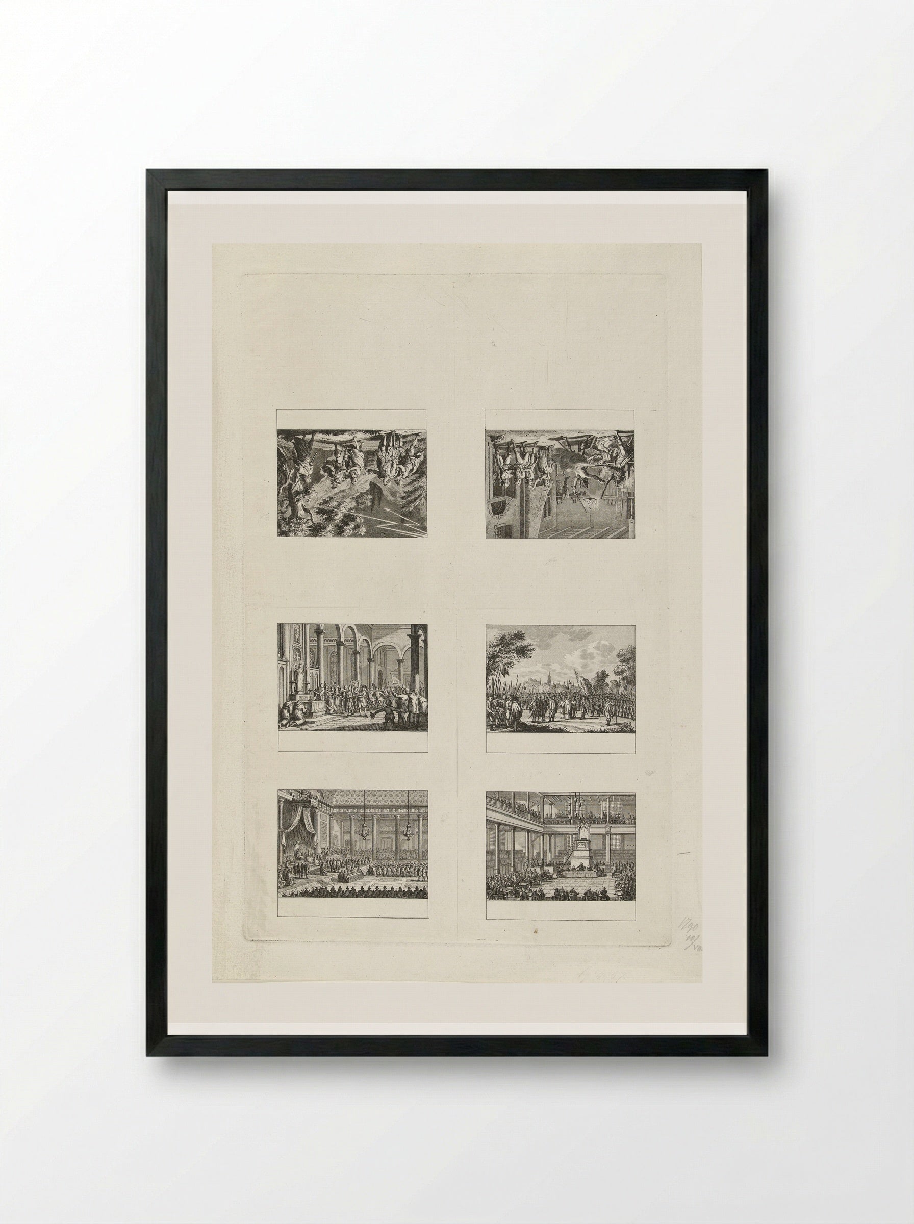 Uncut Sheet of Six Historical Scenes (1790) - Cornelis Brouwer - Framed Print Black
