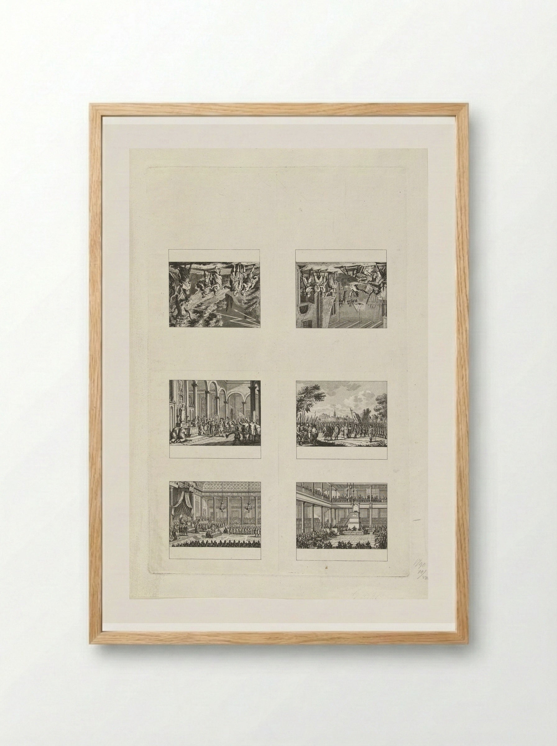 Uncut Sheet of Six Historical Scenes (1790) - Cornelis Brouwer - Framed Print Wood