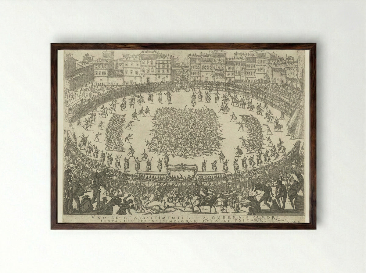 Uno de gli abbattimenti della guerra d'amore - Jacques Callot - Framed Print Dark Wood