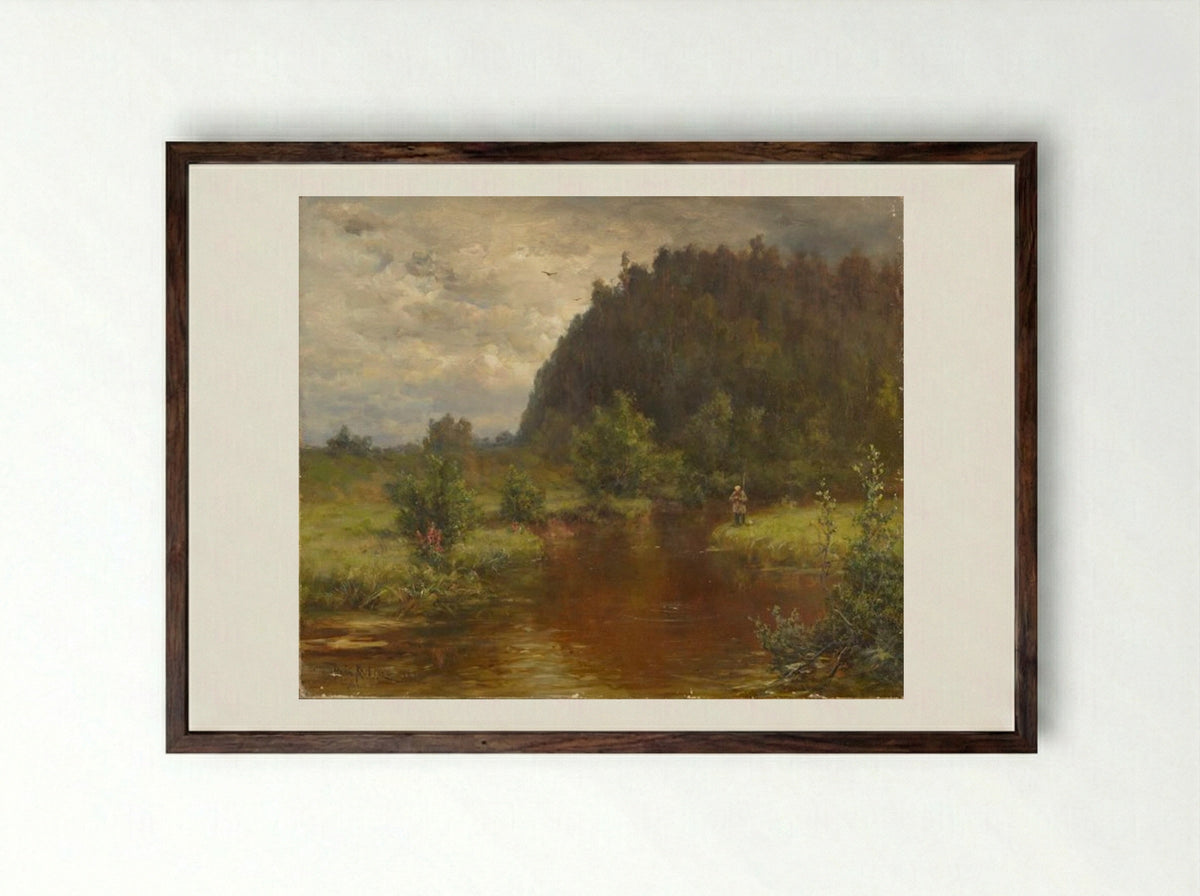 Untitled (Angler by a River) - Julius Sergius von Klever - Framed Print Dark Wood
