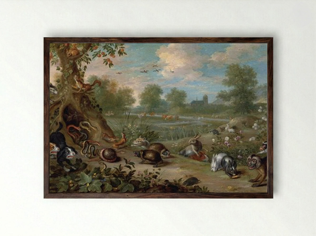 Untitled (Animals in a Wooded Clearing) - Jan van Kessel the Elder - Framed Print Dark Wood