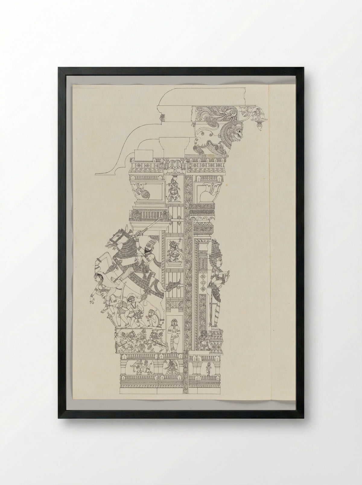Untitled (Architectural Study of Temple Pillar, Ink on Paper) - Fine Art Print - Framed Print Black