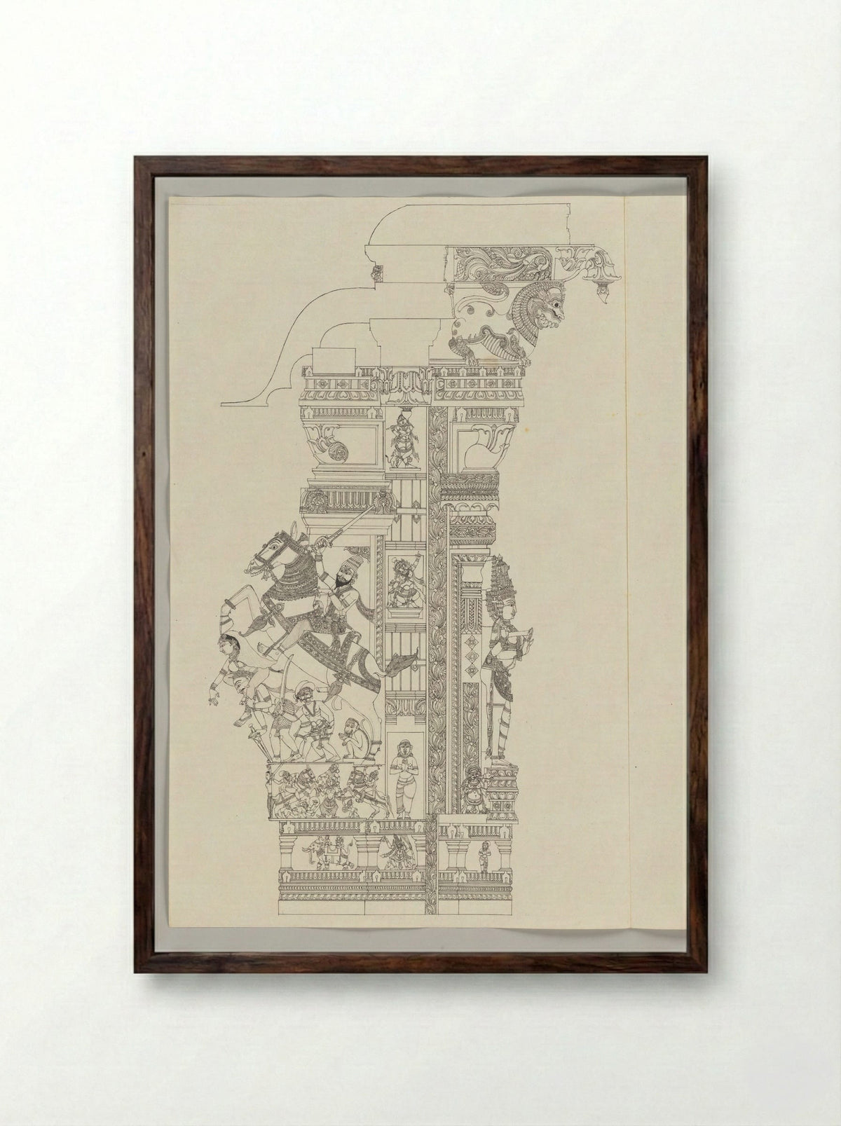 Untitled (Architectural Study of Temple Pillar, Ink on Paper) - Fine Art Print - Framed Print Dark Wood