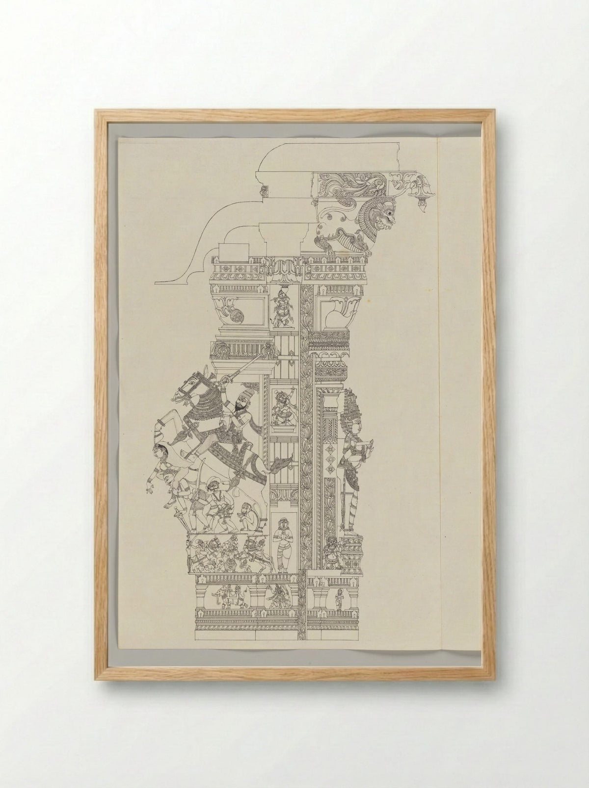 Untitled (Architectural Study of Temple Pillar, Ink on Paper) - Fine Art Print - Framed Print Wood
