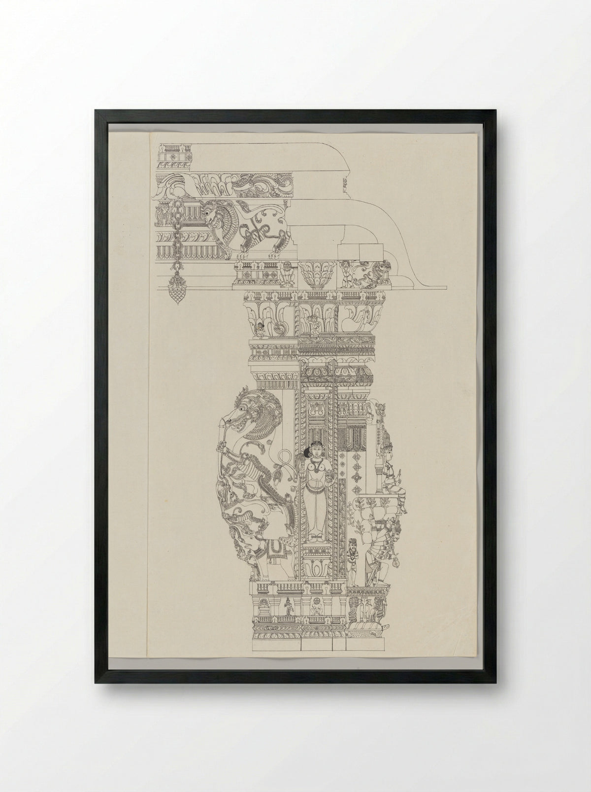 Untitled (Architectural Study of Temple Pillar with Shiva Ravananugrahamurti) - Fine Art Print - Framed Print Black
