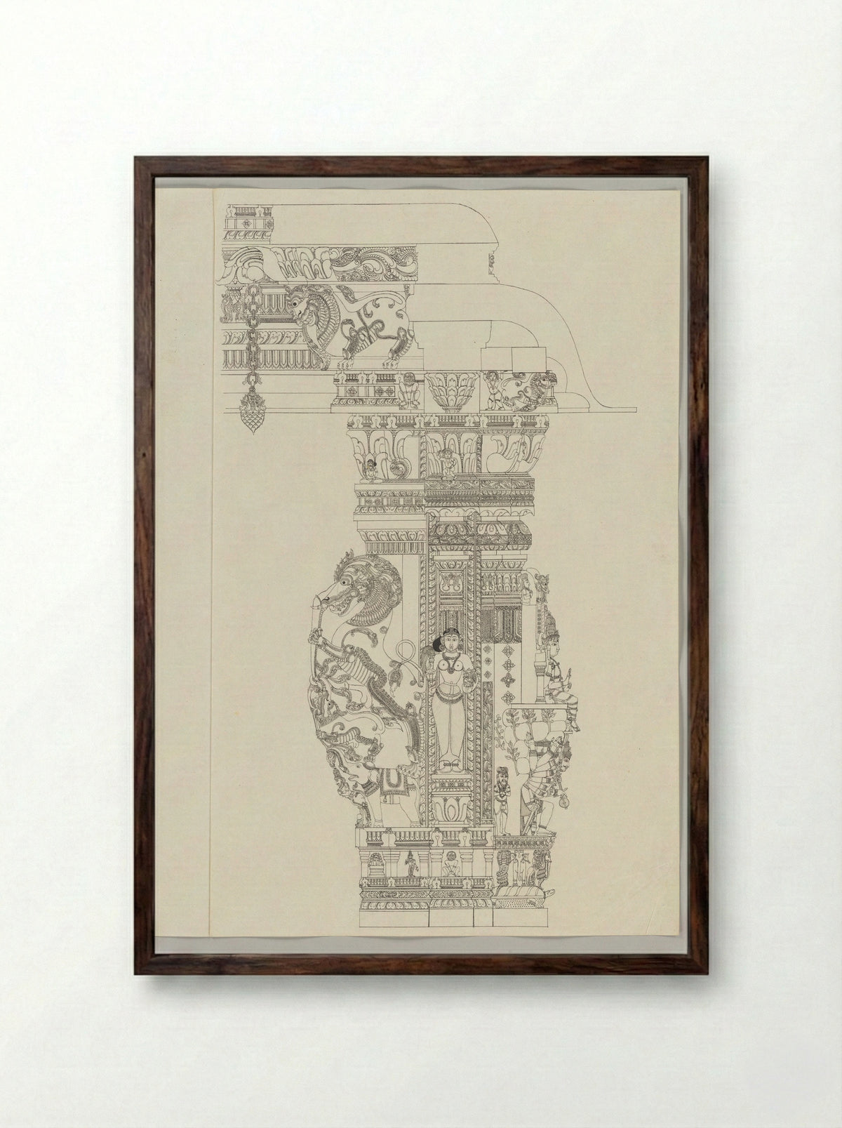 Untitled (Architectural Study of Temple Pillar with Shiva Ravananugrahamurti) - Fine Art Print - Framed Print Dark Wood