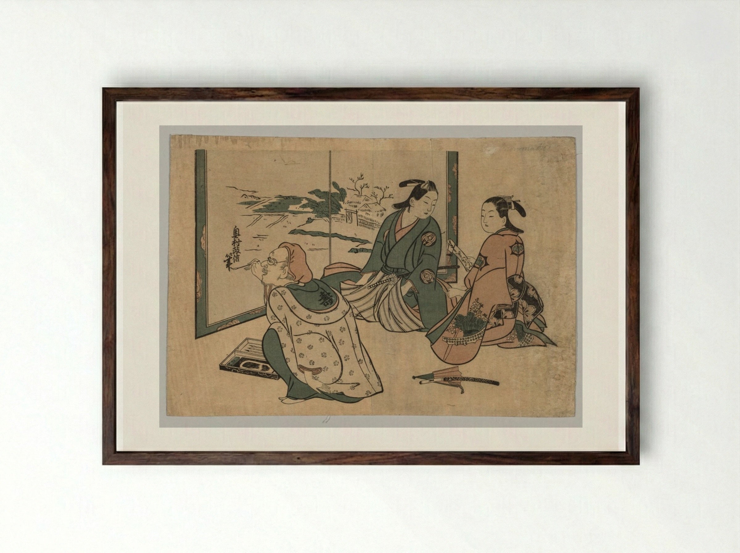 Untitled (Artist Painting a Screen) - Okumura Masanobu - Framed Print Dark Wood