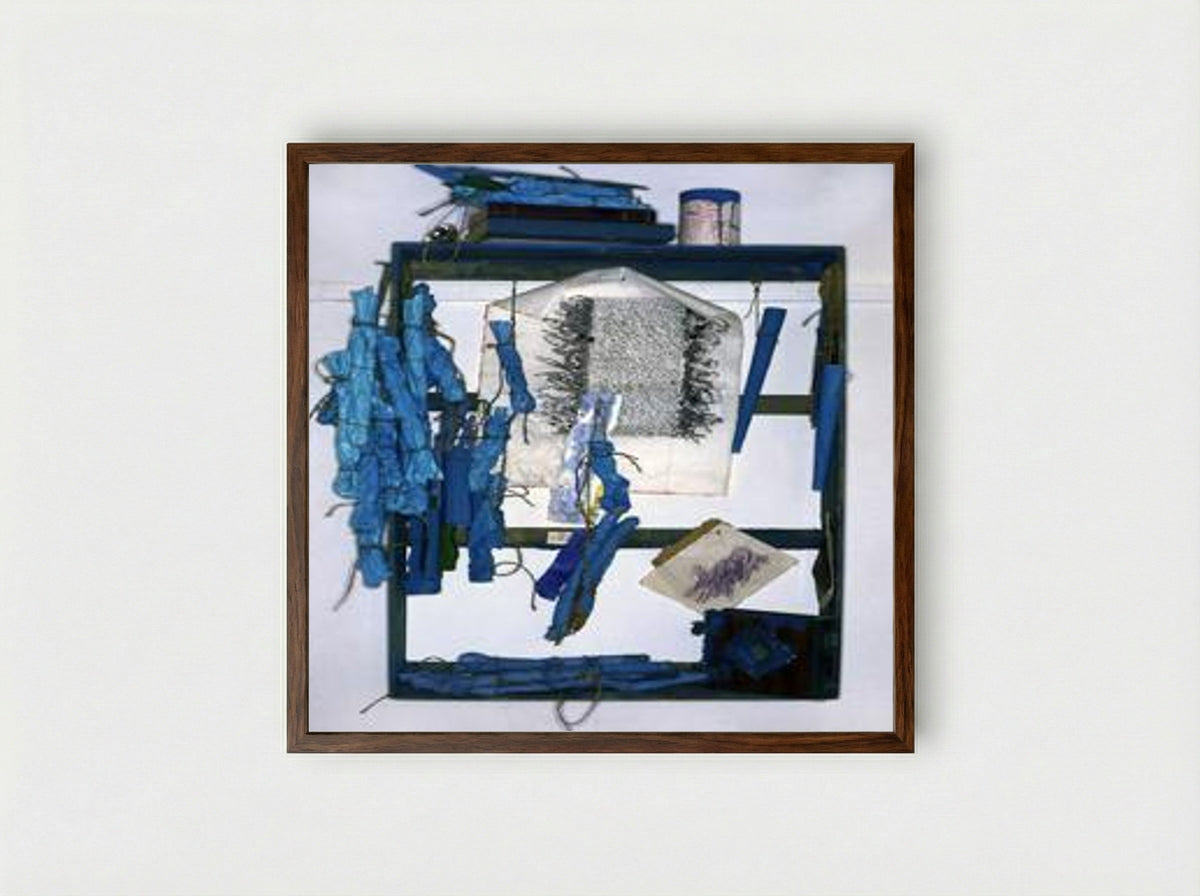 Untitled (Assemblage with Blue Bundles) - Ion Bitzan - Framed Print Dark Wood