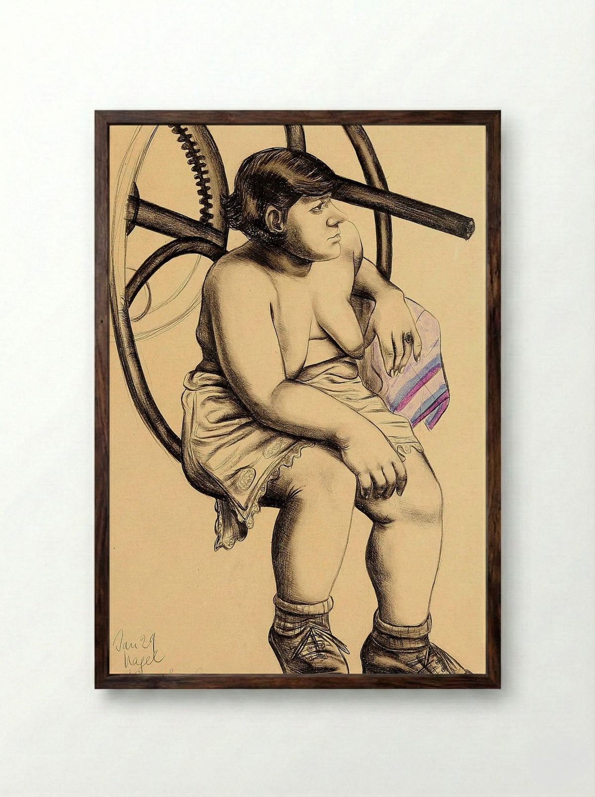 Untitled (Bare-Breasted Woman in Front of a Printing Press) - Hanna Nagel - Framed Print Dark Wood