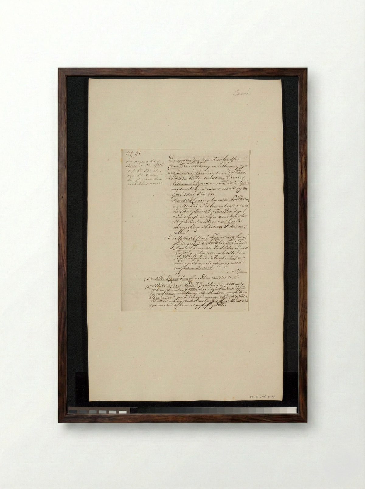 Untitled (Biographical Notes on the Carré Family, Manuscript) - Hendrik Carré (II) - Framed Print Dark Wood