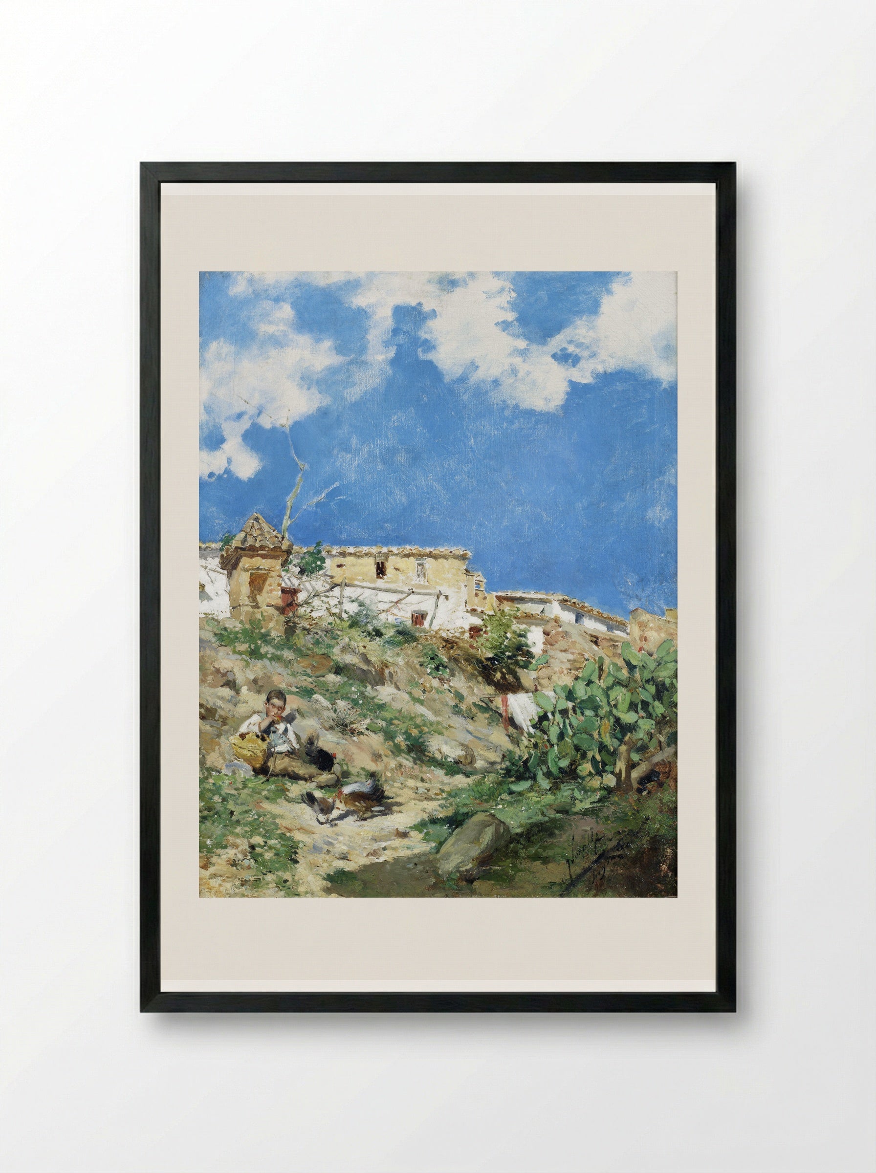 Untitled (Boy with Chickens in a Rural Setting) - Joaquín Sorolla - Framed Print Black