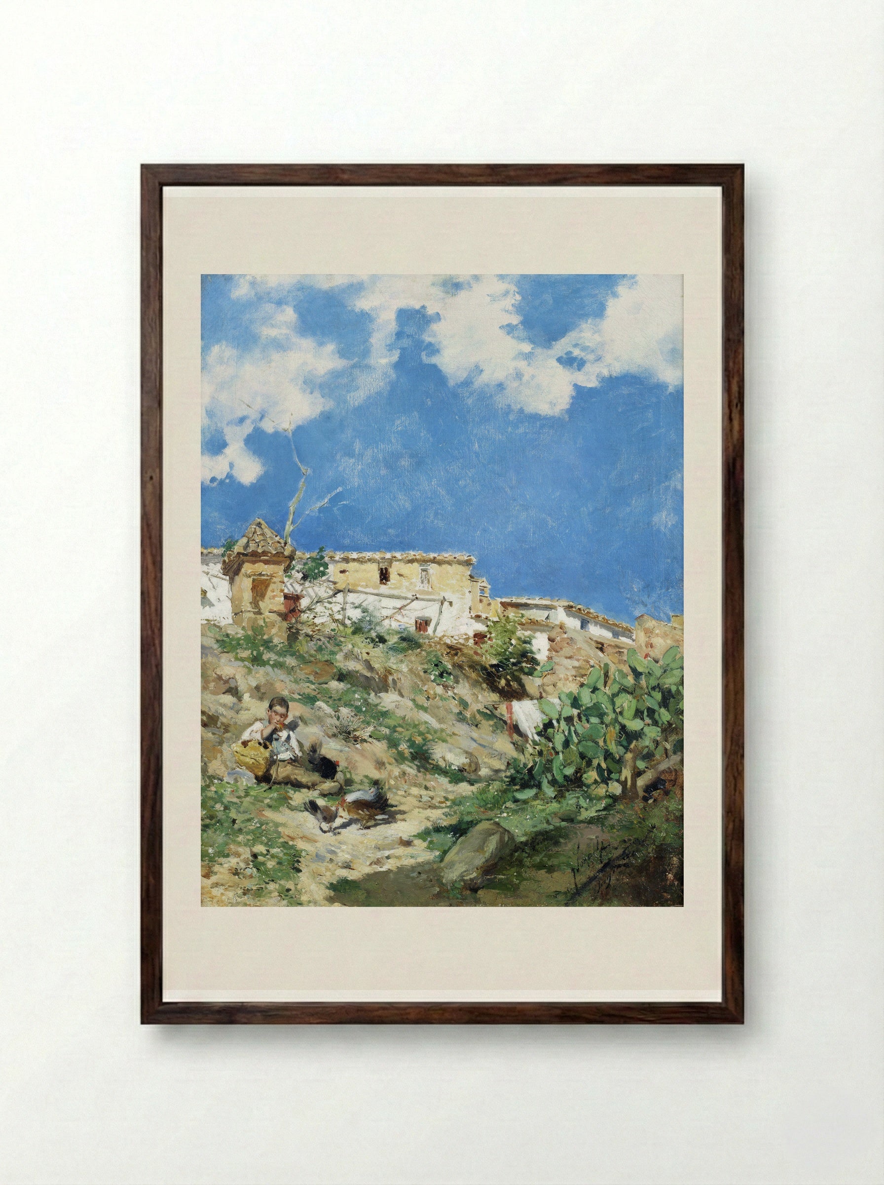 Untitled (Boy with Chickens in a Rural Setting) - Joaquín Sorolla - Framed Print Dark Wood