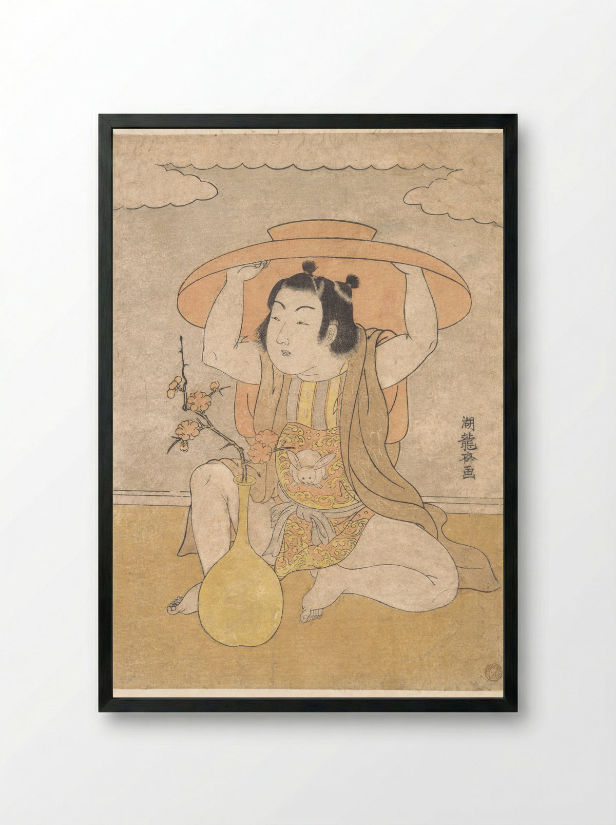 Untitled (Child with Large Hat and Plum Branch) - Isoda Koryūsai - Framed Print Black