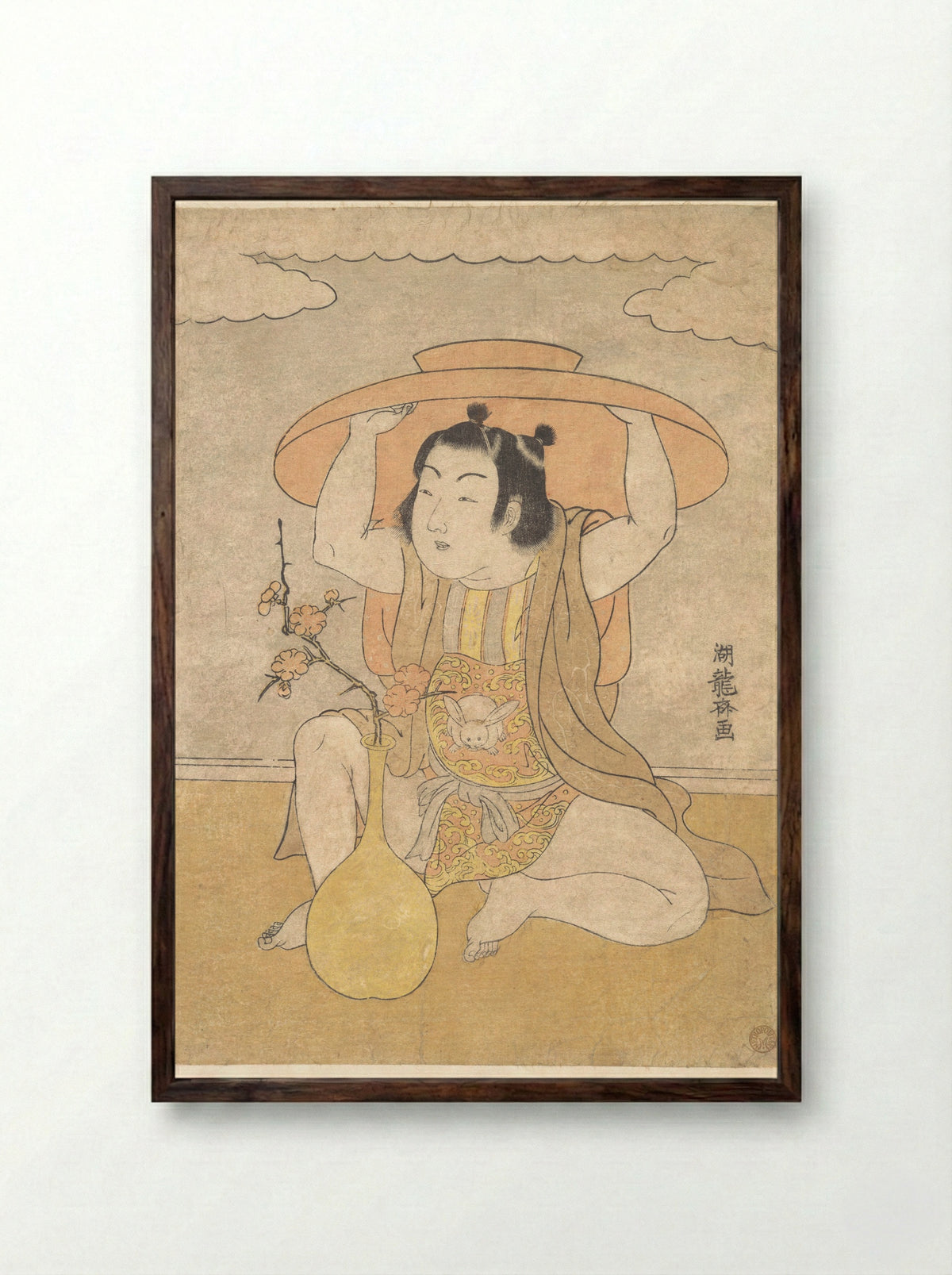 Untitled (Child with Large Hat and Plum Branch) - Isoda Koryūsai - Framed Print Dark Wood
