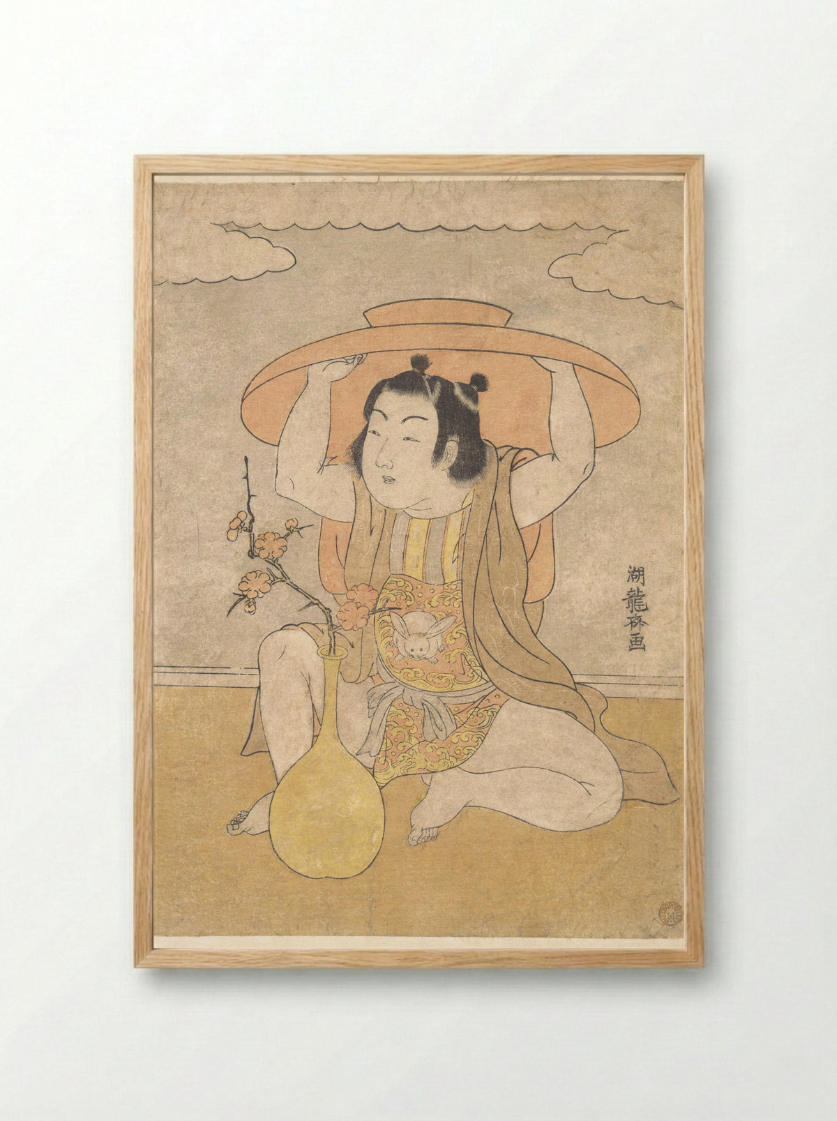 Untitled (Child with Large Hat and Plum Branch) - Isoda Koryūsai - Framed Print Wood
