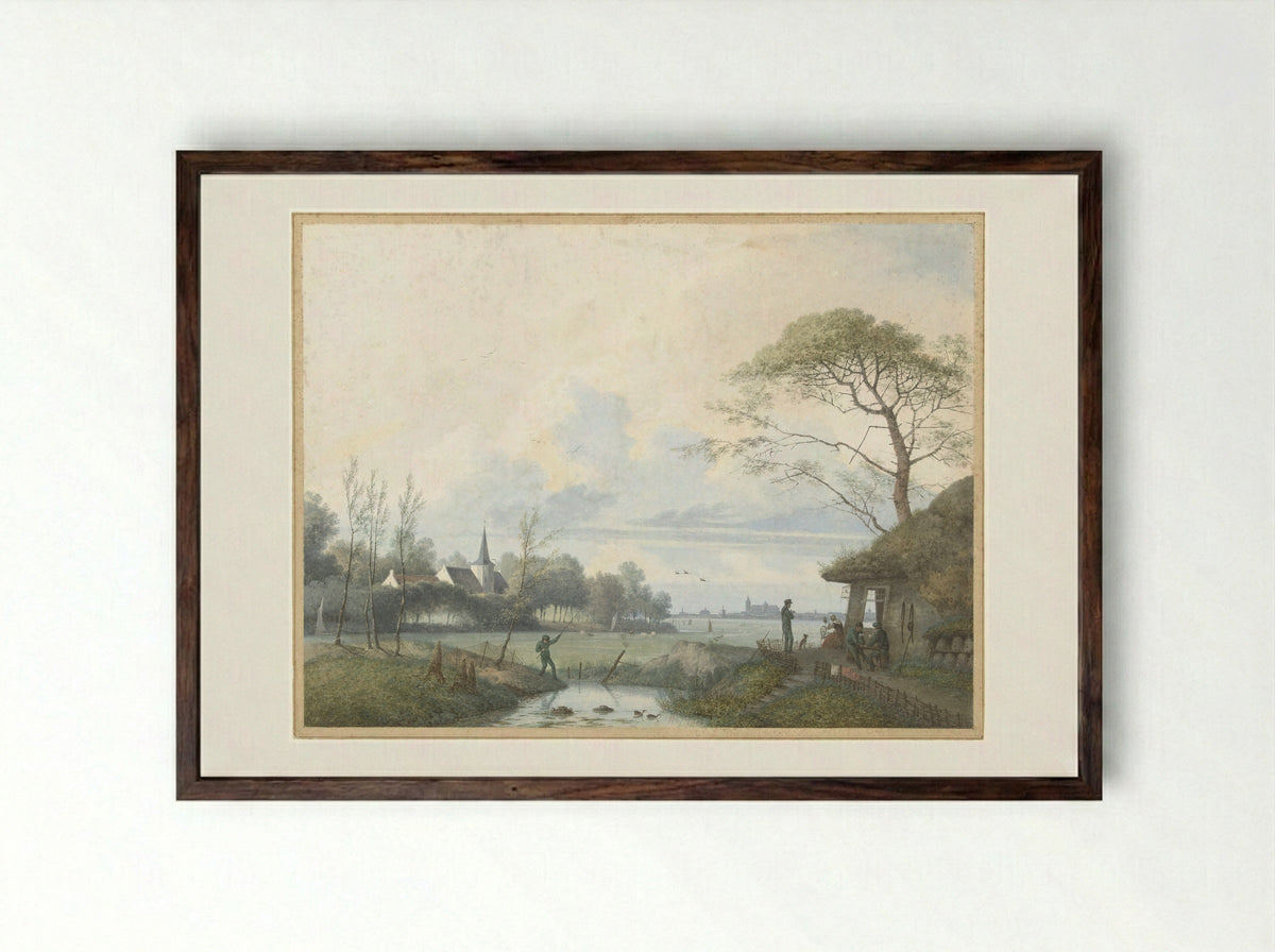 Untitled (Dutch River Scene with Figures) - Charles Edmé Saint-Marcel-Cabin - Framed Print Dark Wood