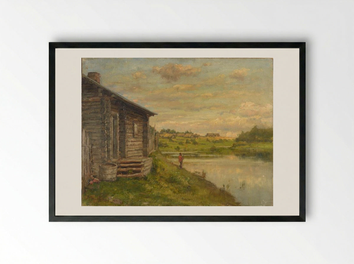 Untitled (Fisherman by a Log Cabin) - Julius Sergius von Klever - Framed Print Black