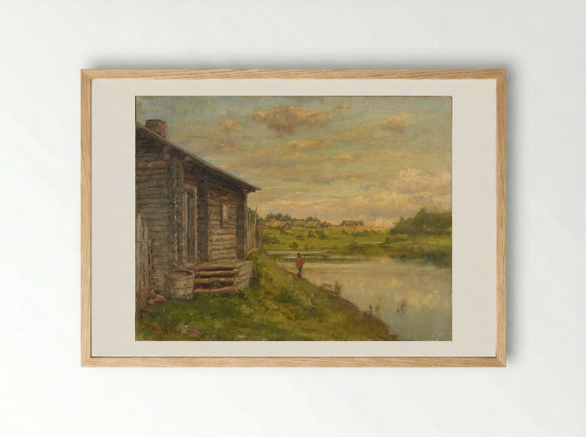 Untitled (Fisherman by a Log Cabin) - Julius Sergius von Klever - Framed Print Wood