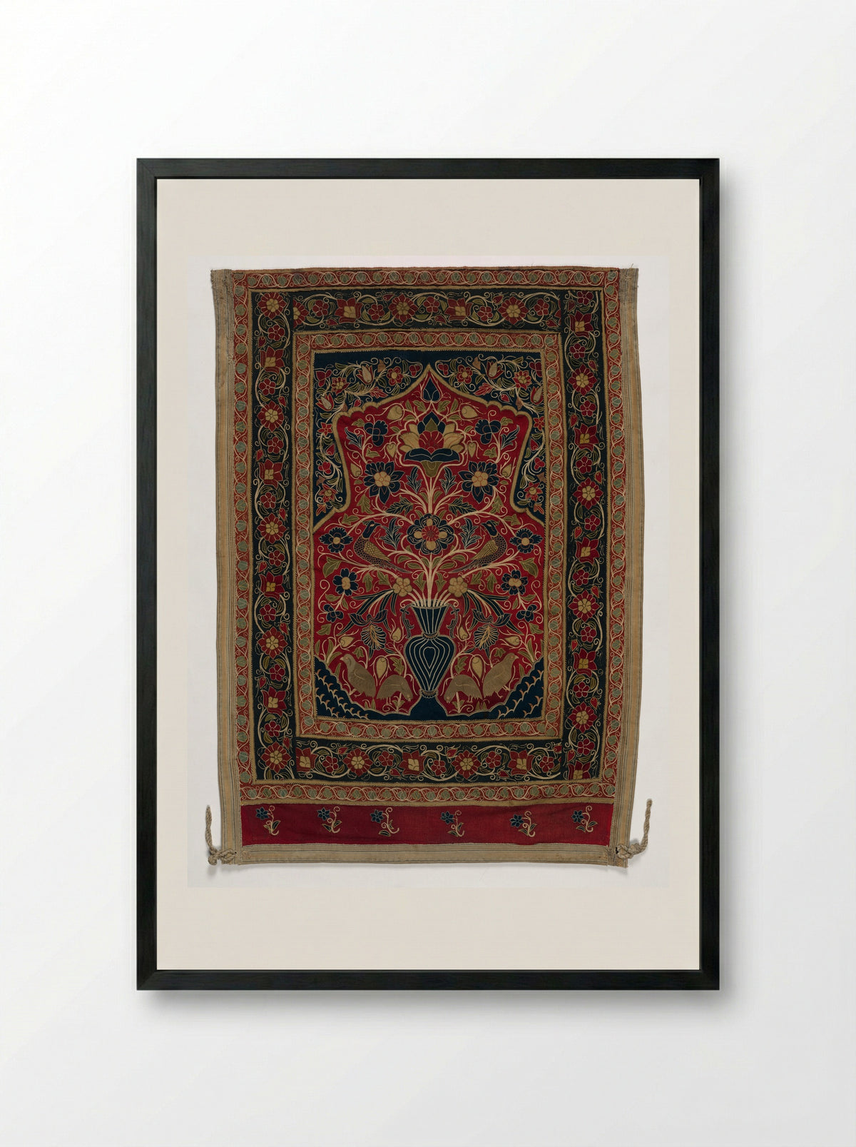 Untitled (Floral and Bird Panel, Embroidery on Cotton) - Fine Art Print - Framed Print Black
