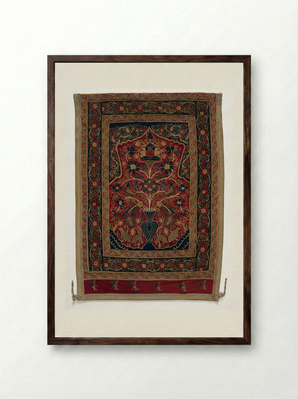 Untitled (Floral and Bird Panel, Embroidery on Cotton) - Fine Art Print - Framed Print Dark Wood
