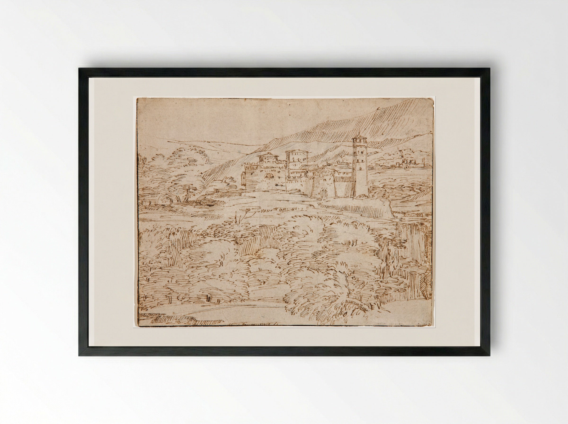 Untitled (Fortified Hillside Town) - Giovanni Francesco Grimaldi - Framed Print Black