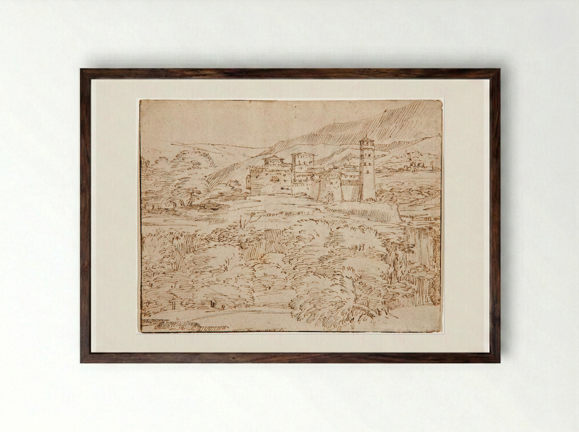 Untitled (Fortified Hillside Town) - Giovanni Francesco Grimaldi - Framed Print Dark Wood