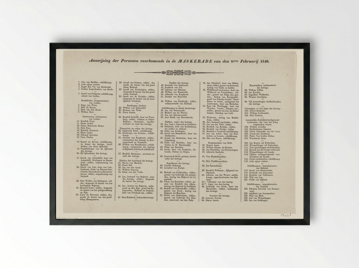 Untitled (List of Participants in the Maskerade, 1840) - H. Schreuder - Framed Print Black