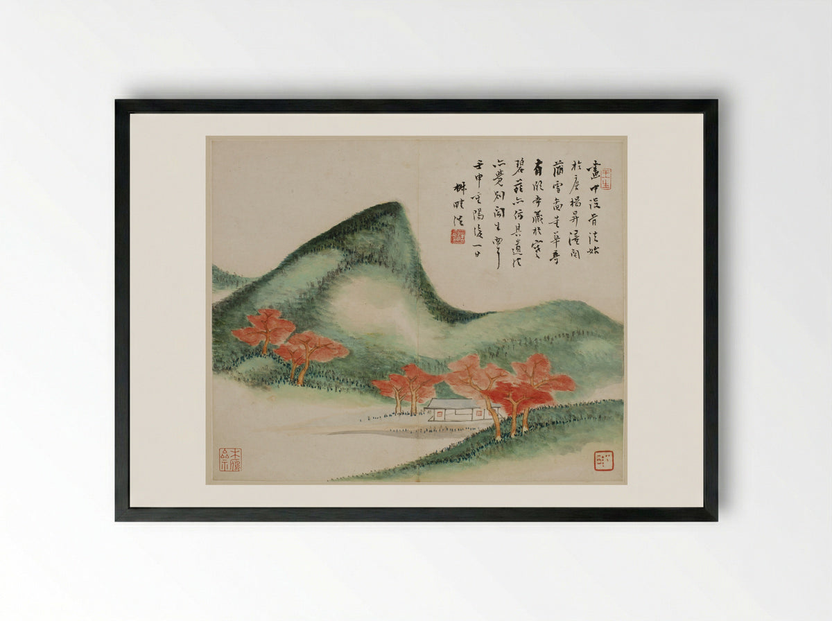 Untitled (Mountain Retreat with Red Trees) - Wang Xuehao - Framed Print Black