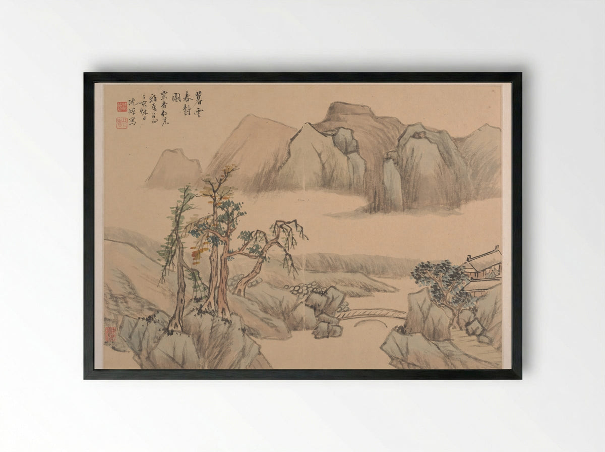 Untitled (Mountainous River Scene) - Shen Zhuo - Framed Print Black
