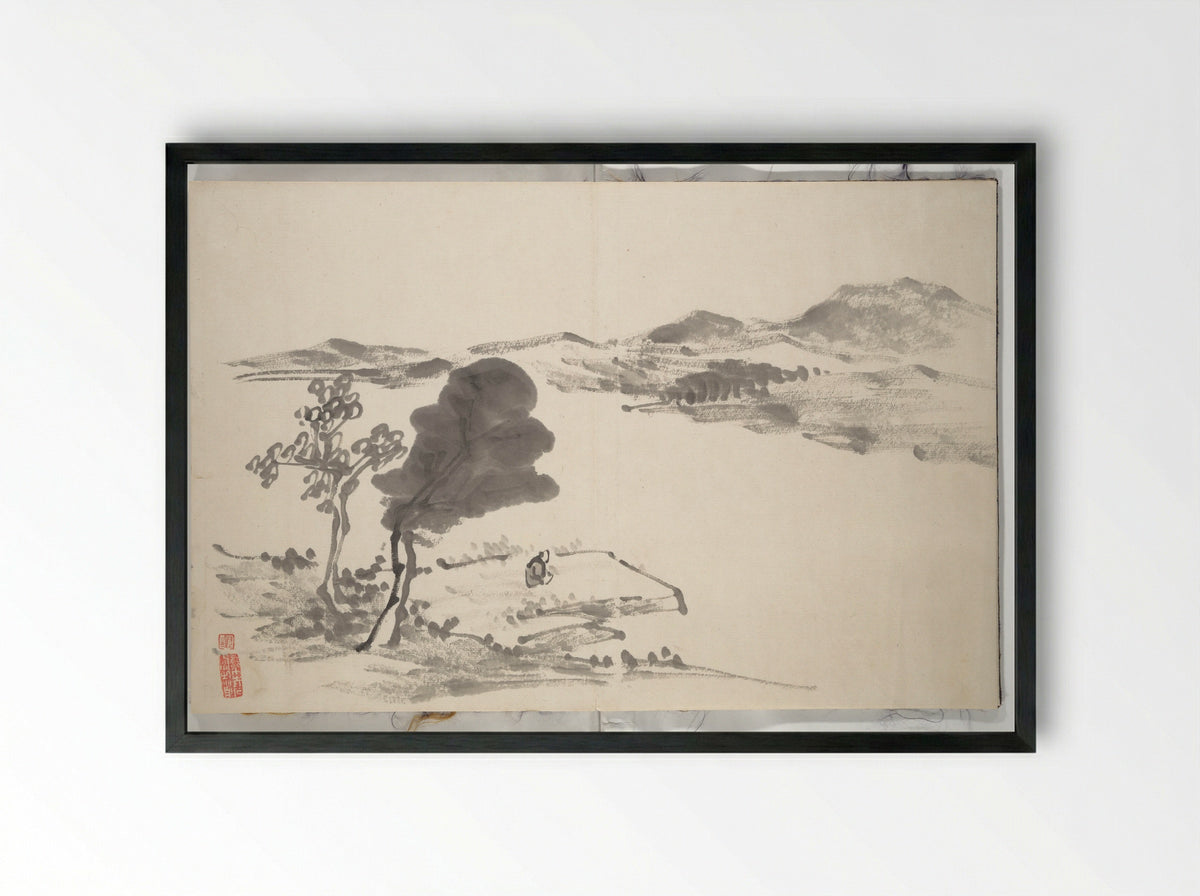 Untitled (Mountainous View with Figure) - Hine Taizan - Framed Print Black