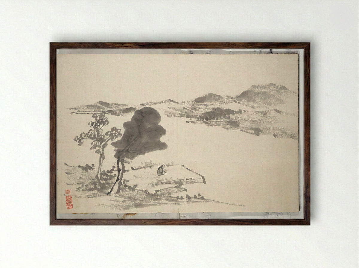 Untitled (Mountainous View with Figure) - Hine Taizan - Framed Print Dark Wood