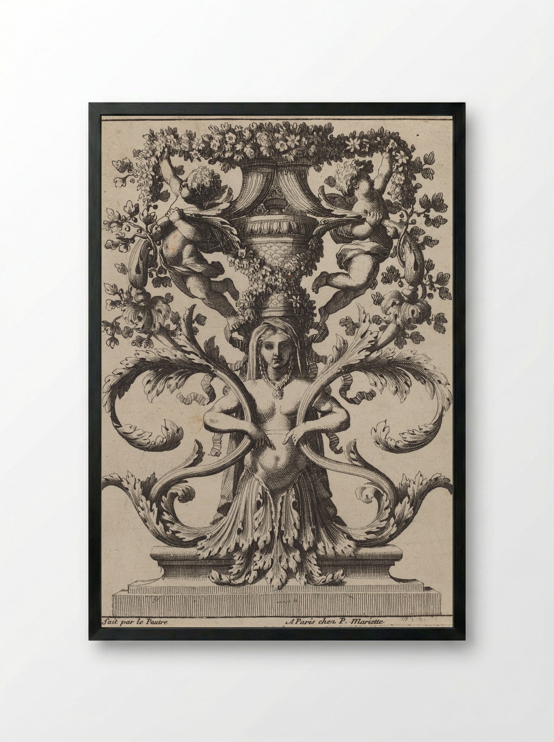 Untitled (Ornamental Design with Female Figure and Putti) - Jean Le Pautre - Framed Print Black
