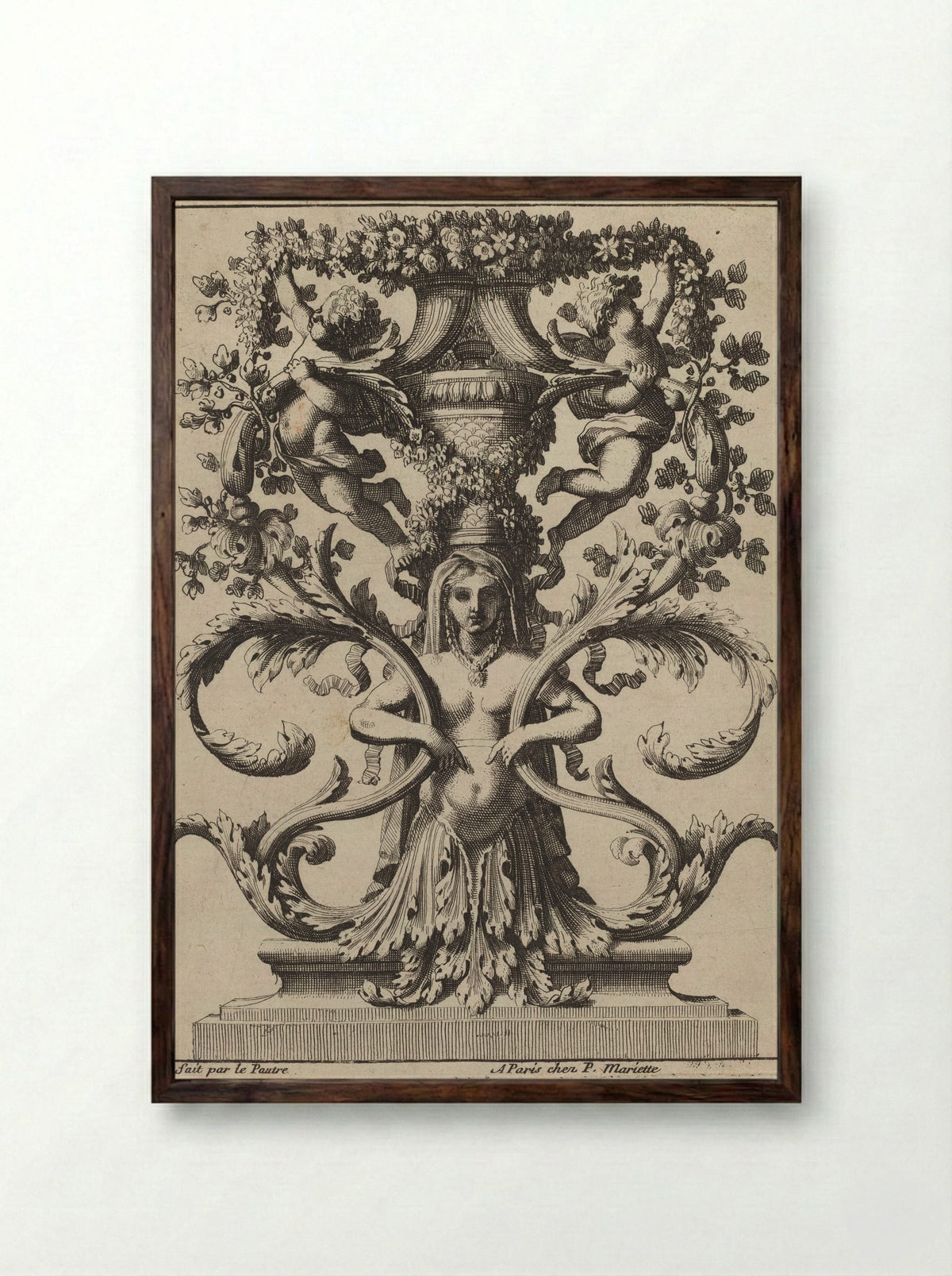 Untitled (Ornamental Design with Female Figure and Putti) - Jean Le Pautre - Framed Print Dark Wood