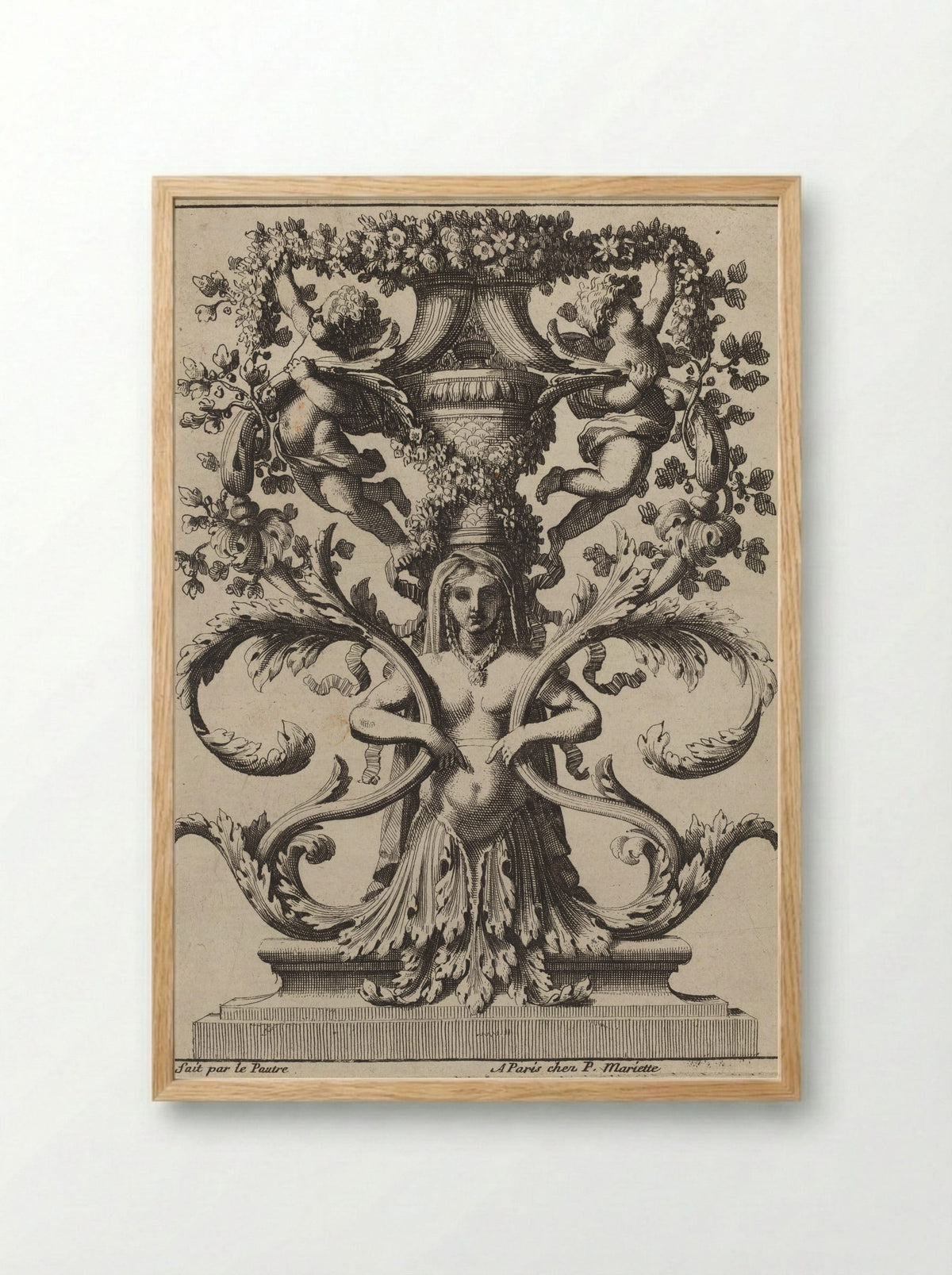 Untitled (Ornamental Design with Female Figure and Putti) - Jean Le Pautre - Framed Print Wood