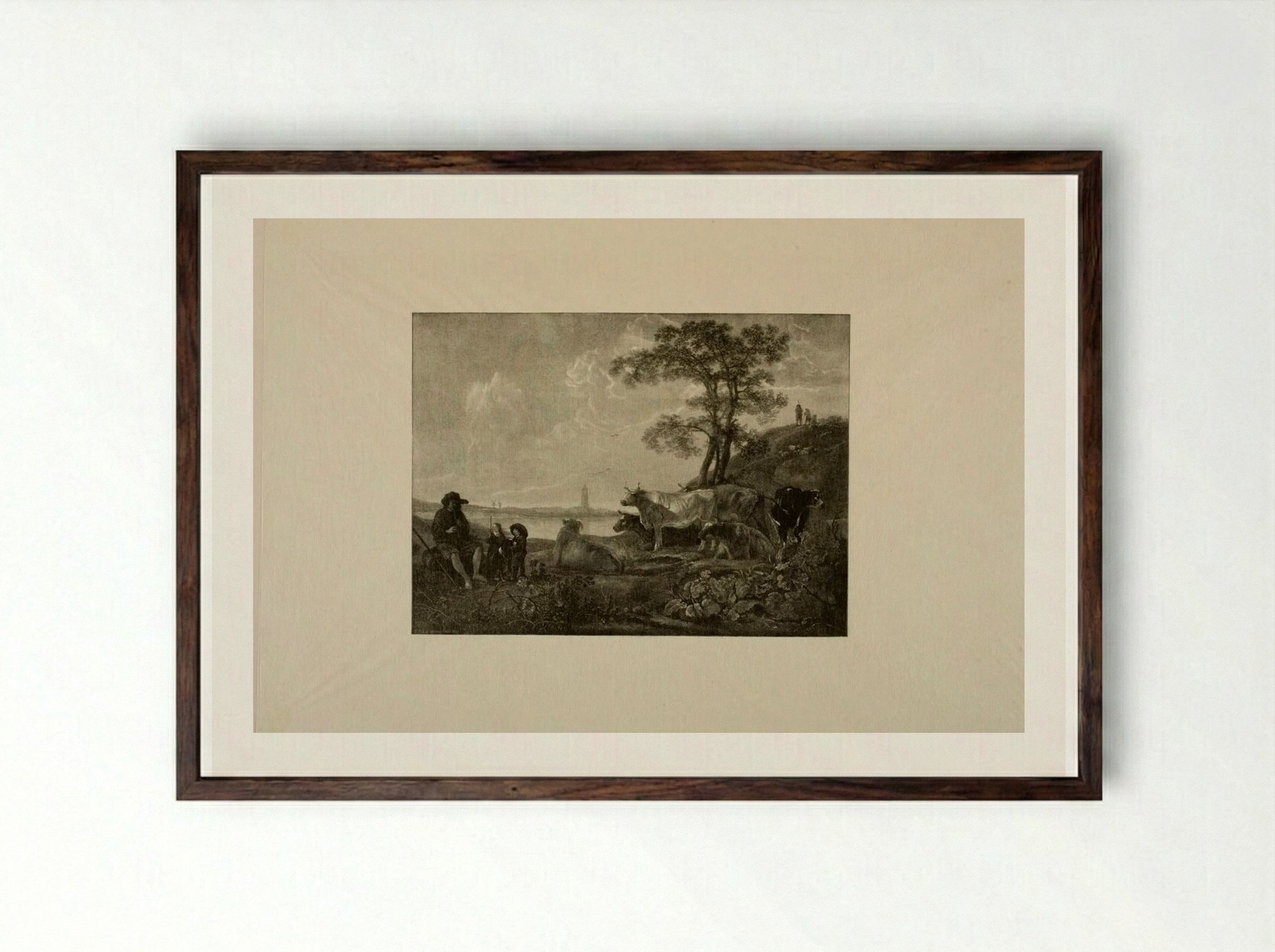 Untitled (Pastoral Scene with Cattle and Herdsman) - Timothy Cole - Framed Print Dark Wood
