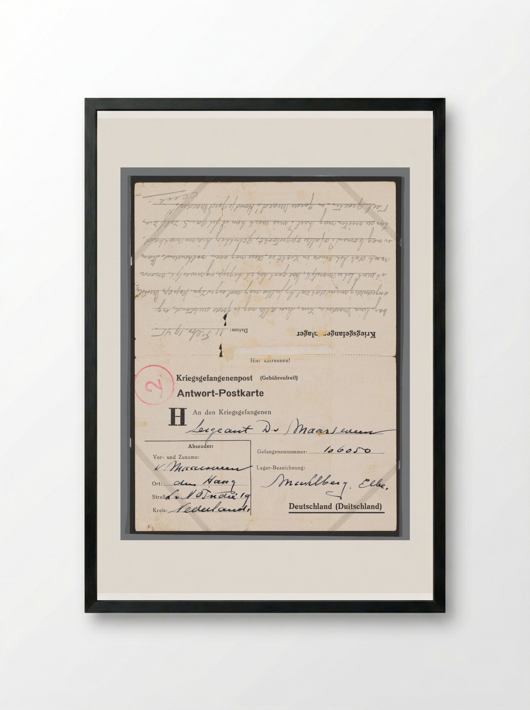 Untitled (Prisoner of War Correspondence Card) - Dick W.B. van Maarseveen - Framed Print Black