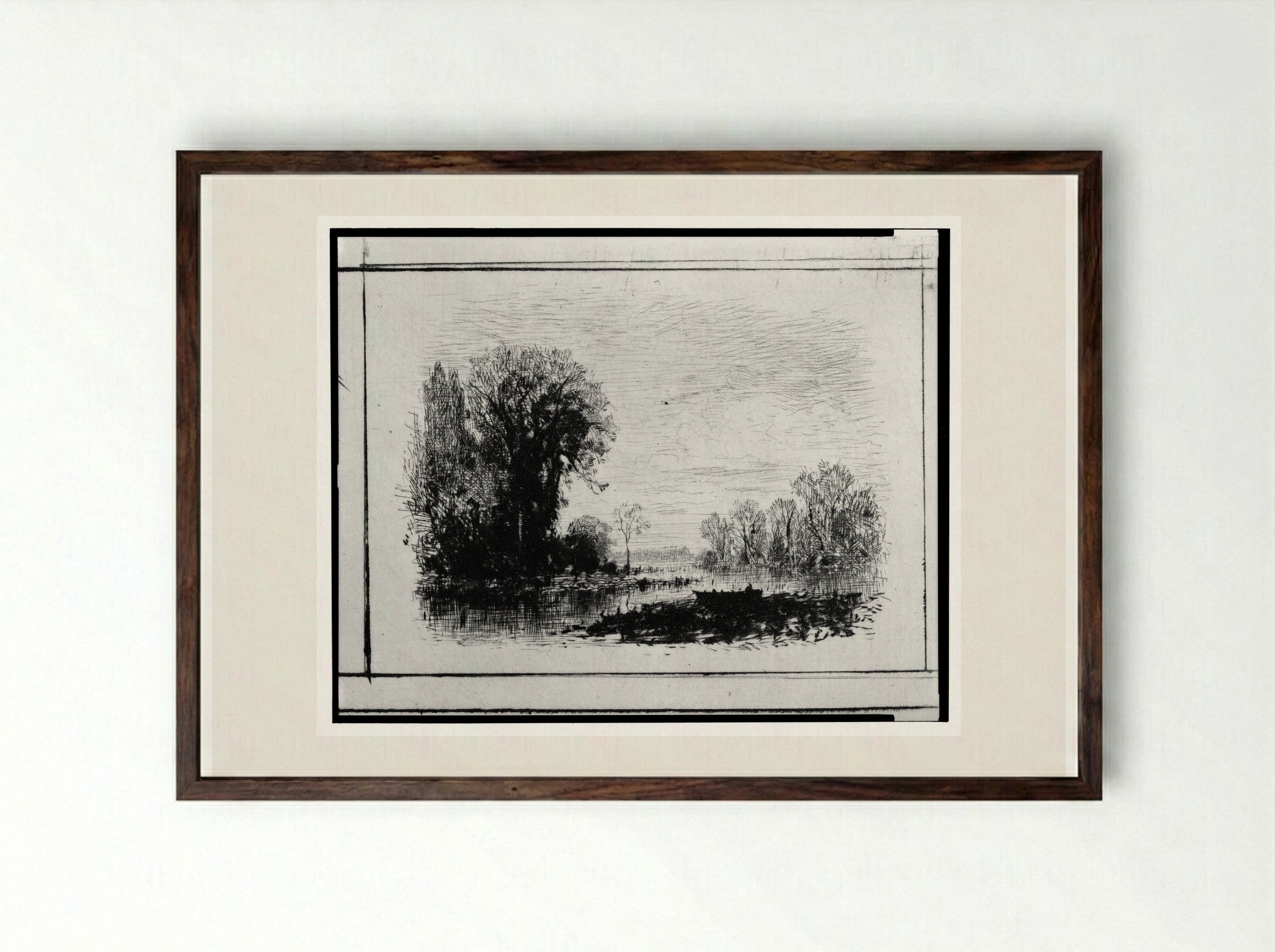 Untitled (River Scene with Boat) - Maxime Lalanne - Framed Print Dark Wood