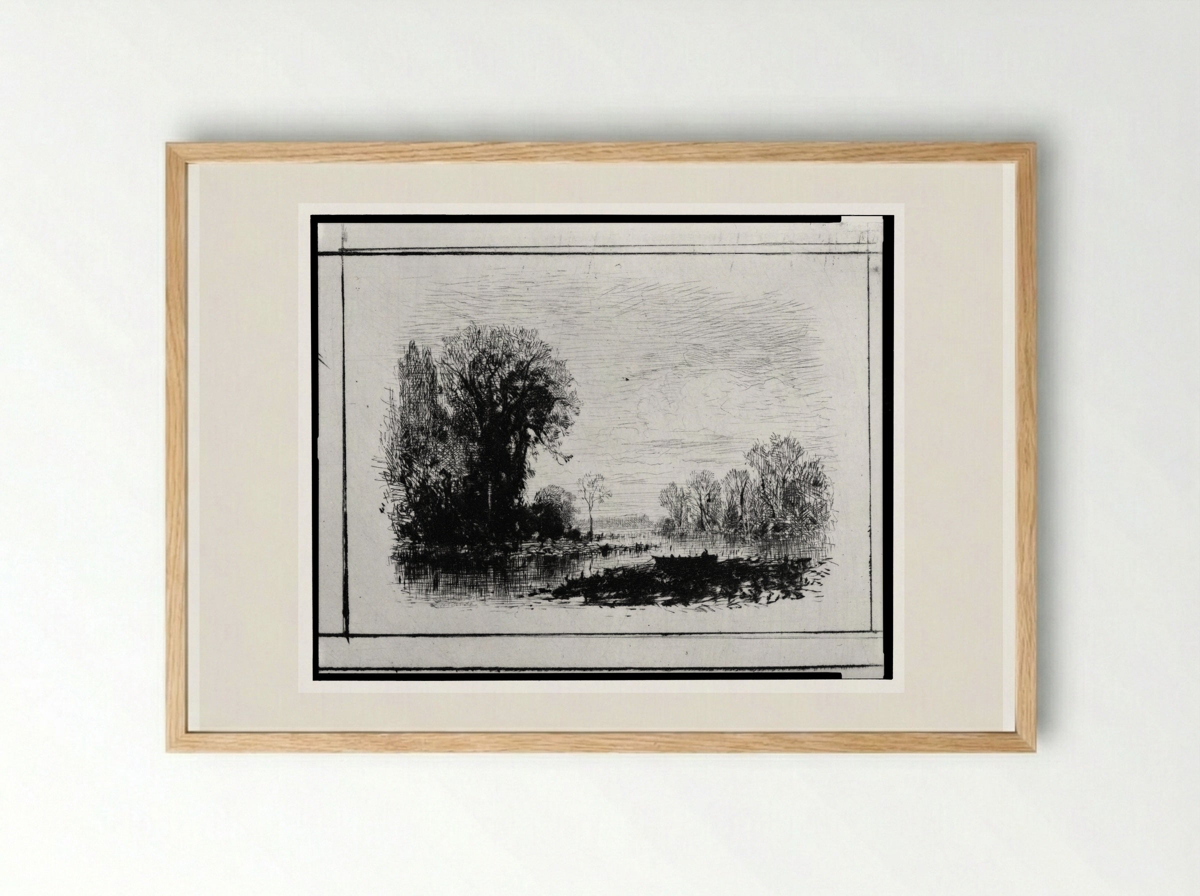 Untitled (River Scene with Boat) - Maxime Lalanne - Framed Print Wood