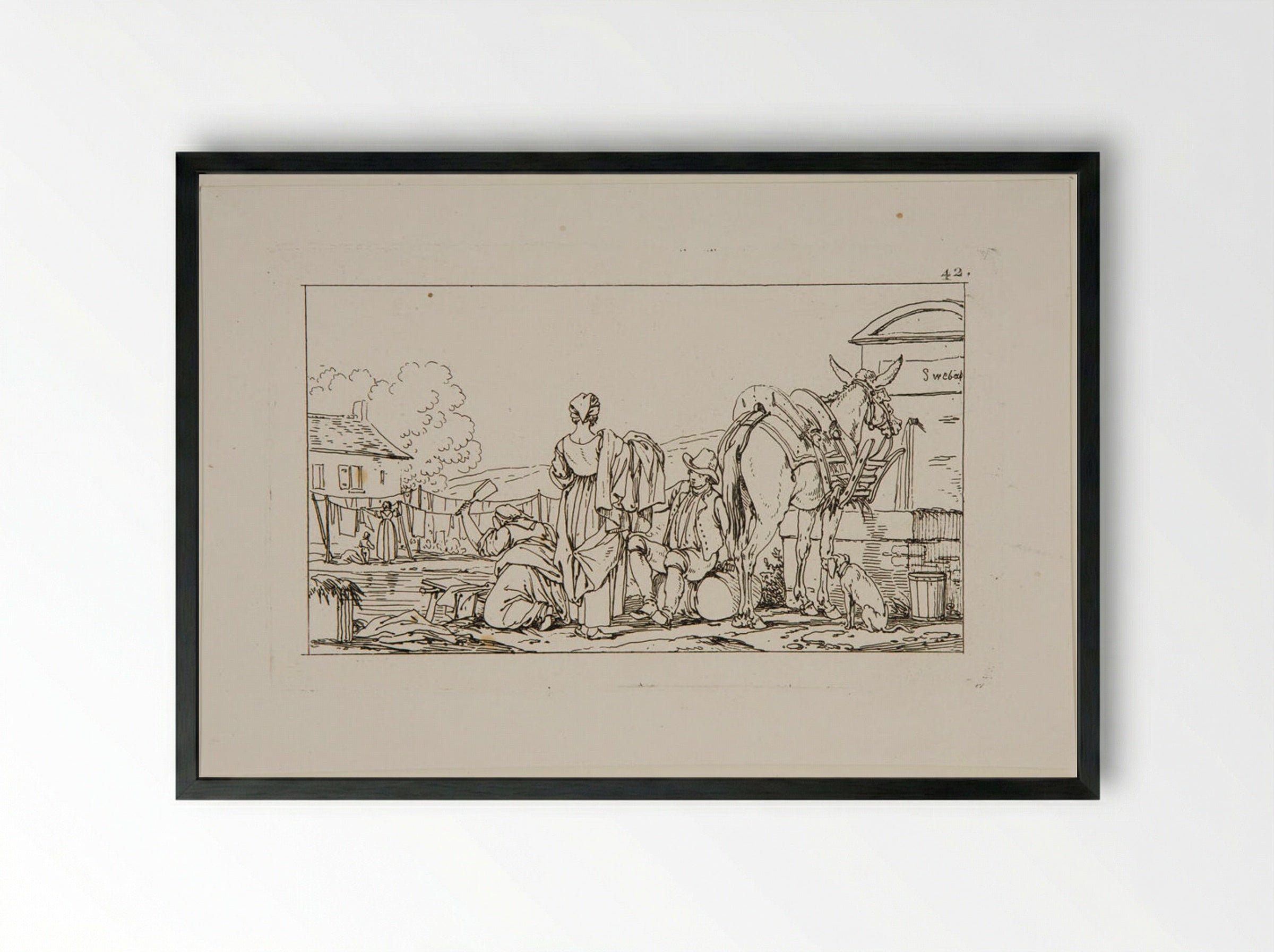 Untitled (Rural Scene with Figures and Donkey) - Jacques-Francois-Joseph Swebach - Framed Print Black